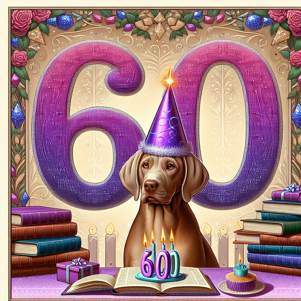 Generate an illustration with a birthday theme. At the center, depict a brown smooth coat dog wearing a festive purple party hat. Surround the dog with stacks of books, emulating a sense of wisdom amidst the celebration. Display the number 60 prominently in the scene to signify a special age or anniversary. Make each digit of the number from sparkling crystals to exude elegance and a celebratory feel to the overall image.
Generated with these themes: Brown smooth coat dog, Books, Purple, 60, and Crystals.
Made with ❤️ by AI.