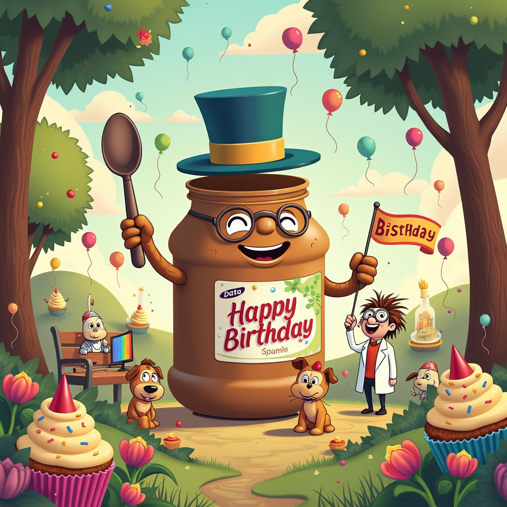 Picture a lively, surreal birthday park where whimsical elements come together in harmony. The center of the scene is a giant jar of Biscoff spread, standing upright like a towering skyscraper with a smiling face and arms. The lid is a stylish top hat, and it waves a monocle-wearing spoon as if inviting everyone to join the celebration. Surrounding the jar, the park is dotted with Dexter, a cheerful cartoon scientist with wild hair and a white lab coat, who is balancing a data analysis graph on one hand and a barbell made of graph paper and halloumi cheese weights in the other. 

Next to Dexter, Data (from Star Trek: The Next Generation) is sitting at a park bench, deep in thought, surrounded by floating holographic data streams and playful puppies in colorful party hats, some of which are joyfully chewing on small pieces of halloumi. Dexter's laboratory setup is nearby, with bubbling beakers and quirky, colorful machines whirring with activity, creating a whimsical science atmosphere.

In the background, a row of anthropomorphic halloumi cheese slices are doing weight training with miniature dumbbells made of biscoff cookies, their tiny cheesy faces showing determination. The park trees are cupcakes with Biscoff spread frosting, and each tree is adorned with sprinkles and candles instead of leaves. 

The sky is a soft pastel rainbow, filled with floating balloons shaped like puppies, data graphs, and pieces of halloumi cheese, gently swaying in the breeze. The ground is a lush, green lawn interspersed with flowers that resemble Biscoff spread jars, their petals made of wafer cookies.

In one corner, a birthday table is set up with a Biscoff spread cake shaped like a computer screen displaying a data analysis chart, with Dexter and Data holding up a banner that reads "Happy Birthday!" in bold, joyful letters. The scene is teeming with details, blending the themes into a delightful, cartoonish celebration that bursts with creativity and fun.
Generated with these themes: Biscoff spread, Dexter, Data analysis, Halloumi, Weight training, and Puppies.
Made with ❤️ by AI.