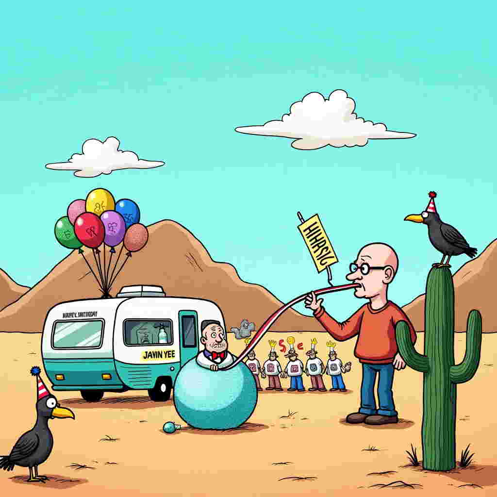 The scene is set in a desert landscape reminiscent of the Southwest, under a wide, cerulean sky with the iconic, rounded hills that Charles Schulz might dot along the horizon. In the foreground, a cartoon version of Walter White, styled with exaggerated features like a large, round nose and tiny spectacles à la Gary Larson, is standing next to a cartoon RV. The RV is decorated with colorful birthday balloons that spell out "Happy Birthday Jayin Yee!" in bold, cheerful letters. Next to him, a comically large meth rock (that sparkles absurdly like a disco ball) rests on the ground with a "Birthday Cake" tag humorously attached to it, complete with lit candles. Walter is holding a party blower in his mouth, which stretches comically long, swirling around his head. In the background, several members of the cartoon cartel are seen wearing party hats, looking confused but happy, as they hold festive piñatas shaped like periodic table elements. A vulture wearing a bowtie sits on a cactus, observing the scene with a bemused expression, while a cactus in the foreground sports a jaunty birthday hat. A few fluffy clouds drift lazily in the sky, shaped like little cartoonish meth flasks, adding a playful nod to the theme. Hidden within one cloud is the subtle outline of a chemistry flask, a nod to both the meth-making theme and Walt Disney’s penchant for Easter eggs in his animations.
Generated with these themes: Walter White , Meth, and Cartel.
Made with ❤️ by AI.
