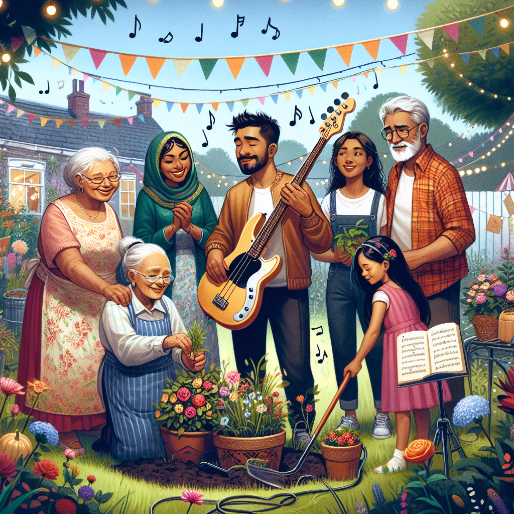 Illustrate an image of a birthday celebration in a quaint backyard, adorned with festive decorations. A family of different generations, consisting of a Caucasian grandmother, a Black grandfather, a Middle-Eastern mother, a Hispanic father, and two children, one of Asian descent and the other South-Asian, are lovingly tending to their family garden, symbolizing their deep-rooted connection and shared passion for gardening. In the air, subtle musical notes are seen floating around, originating from a bass guitar, suggesting someone gently strumming it in honor of the birthday celebrant's love for music. The enchanting scene underscores the richness of the family's traditions as they nurture the plants, much like their enduring customs and family celebrations.
Generated with these themes: Gardening, Music, Bass guitar, Family, and Family history.
Made with ❤️ by AI.