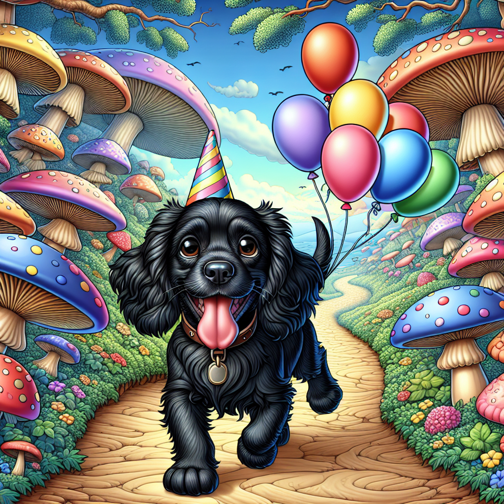 Generate a deeply detailed cartoon-style illustration of a joyous black spaniel on a birthday adventure. This endearing dog has its tongue gleefully out and tail wagging energetically. It's walking along a winding path dotted with oversized, vibrant and almost dancing mushrooms. Party balloons of various colors are tied to the spaniel's collar, jauntily bobbing along as the dog explores the eye-poppingly magical landscape, filled as far as the eye can see with gigantic, colorful mushrooms.
Generated with these themes: Mushrooms, Black spaniel , and Walking .
Made with ❤️ by AI.