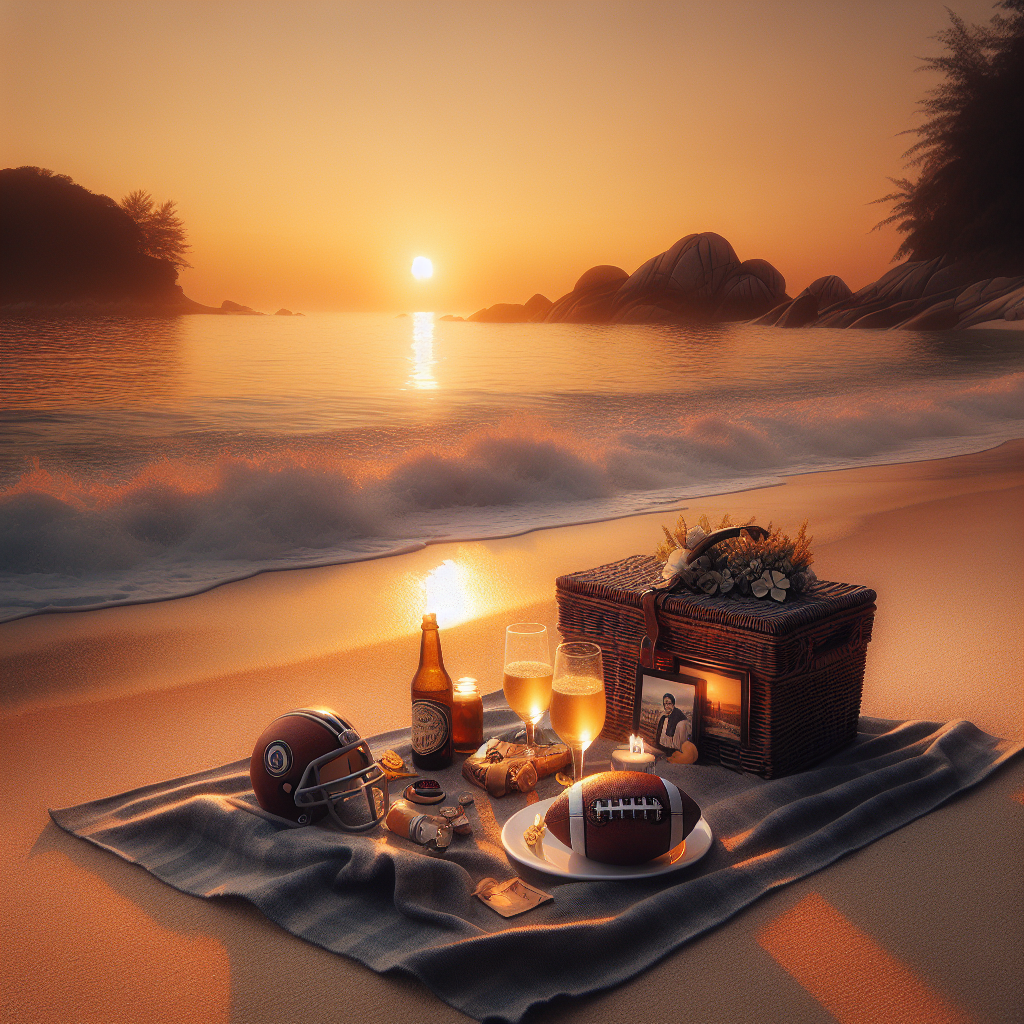 As the sun quietly sinks below the horizon, it casts a warm golden glow on a tranquil beach, illuminating an intimate and lifelike anniversary scene. Laid out on the soft sand, a cozy picnic beckons, complete with a delightful basket and a vintage football nestled beside it, signifying the couple's mutual love for the game. The surroundings echo with both romance and playful energy, encapsulating their shared life journey facing the beautiful tableau of gently cascading waves.
Generated with these themes: Football , and Beach.
Made with ❤️ by AI.