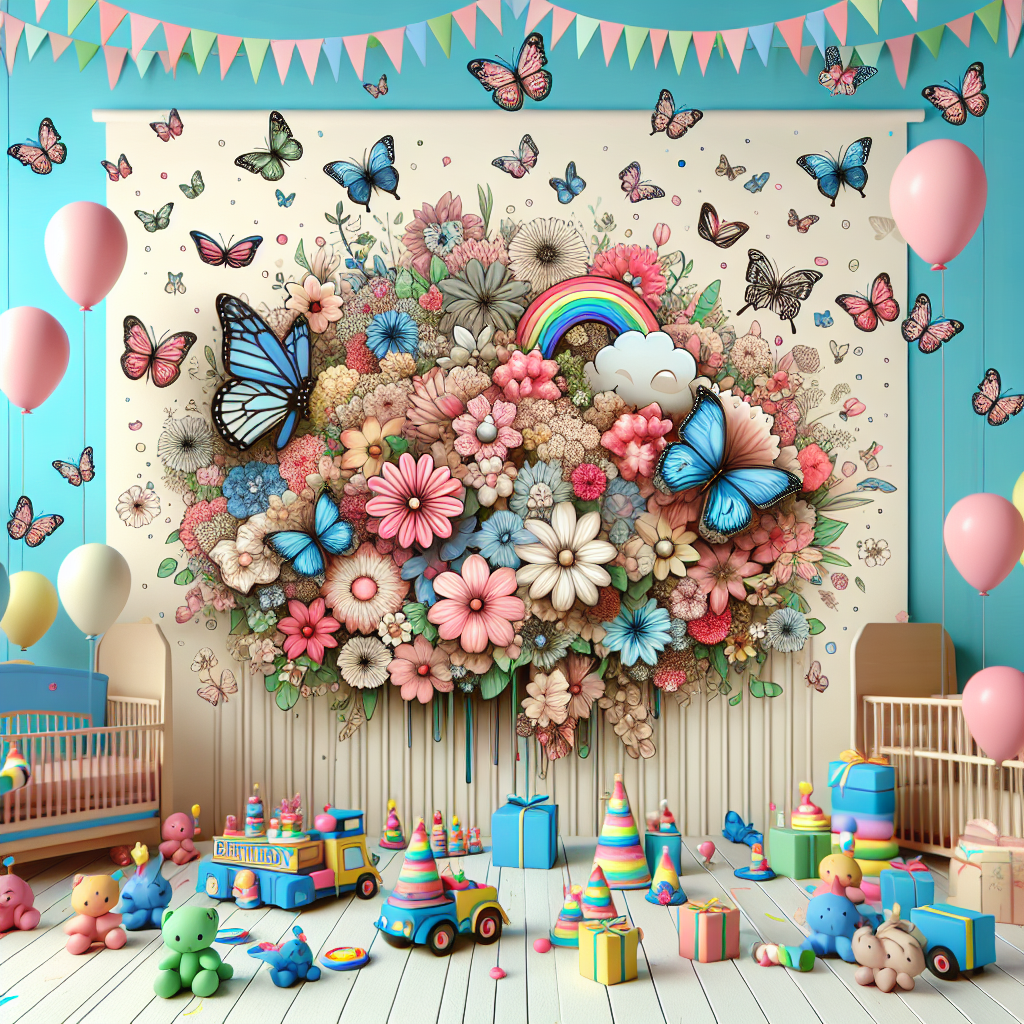 Illustration of a vibrant birthday party setting, where flowers and butterflies mingle together, with toys scattered around that match the butterfly and flower motifs.
Generated with these interests: Butterfly, Flower, and Toys.
Made with ❤️ by AI.