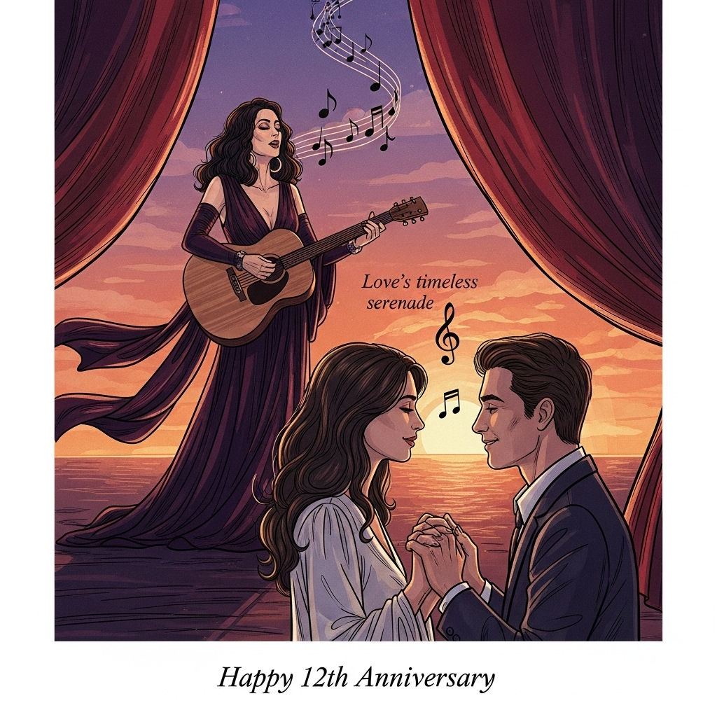 At the bottom of the Illustration Style image, the text reads: **Happy 12th Anniversary**

---

**Image Prompt:**

In the heart of a warm and enchanting scene, capture the essence of romance with an illustration that weaves together elements of silk, Cher, love, and a guitar. Picture a serenade at twilight where silky drapes dance softly in the breeze, wrapping the couple in their gentle embrace. A figure reminiscent of Cher, exuding elegance and timeless beauty, stands with a classic guitar in hand, serenading her beloved. Her flowing silk gown mirrors the hues of a sunset, casting a romantic glow.

In the foreground, the couple shares a tender glance, their eyes speaking volumes of love and the shared memories of their twelve years together. Their hands are lightly touching, a soft yet powerful connection. Around them, musical notes float in the air, spiraling upwards like a melody of love.

The color palette is warm and expressive, with shades of deep reds, purples, and golds, reflecting passion and intimacy. The fine linework and textured brush strokes add depth and character to this timeless scene. 

Subtle text within the image reads: "Love's timeless serenade."
Generated with these themes: Silk, Cher, love, guitar , and .
Made with ❤️ by AI.