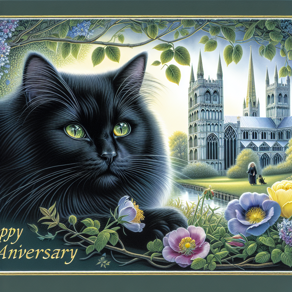 An enchanting illustration marking the celebration of an anniversary emanates warmth and camaraderie. The piece depicts an exquisite black feline, its eyes brimming with affection, nestled comfortably in an idyllic setting that reflects the charm of Norwich. Utmost care is rendered to detail the luxurious fur of the amiable feline, infusing life into the composition. Serving as the backdrop is the distinguishing architectural marvel of the Norwich Cathedral amid a resplendent botanical scene of blossoming flowers, serving as a metaphor for the blossoming and timeless beauty of a relationship.
Generated with these themes: Black cat , and Norwich .
Made with ❤️ by AI.