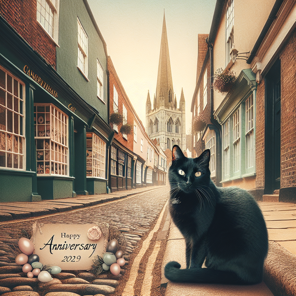Create a heartwarming image that celebrates an anniversary. This image should include a black cat sitting on a cobblestone street in the historic city of Norwich. The cat looks at the viewer with a warm gaze. The street is lined with quaint shops and in the distance, the majestic spire of Norwich Cathedral can be seen.  The atmosphere should be filled with a feeling of affection, represented through the soft pastel colors of the image. The cat acts as a symbol of good luck and mystery.
Generated with these themes: Black cat , and Norwich .
Made with ❤️ by AI.