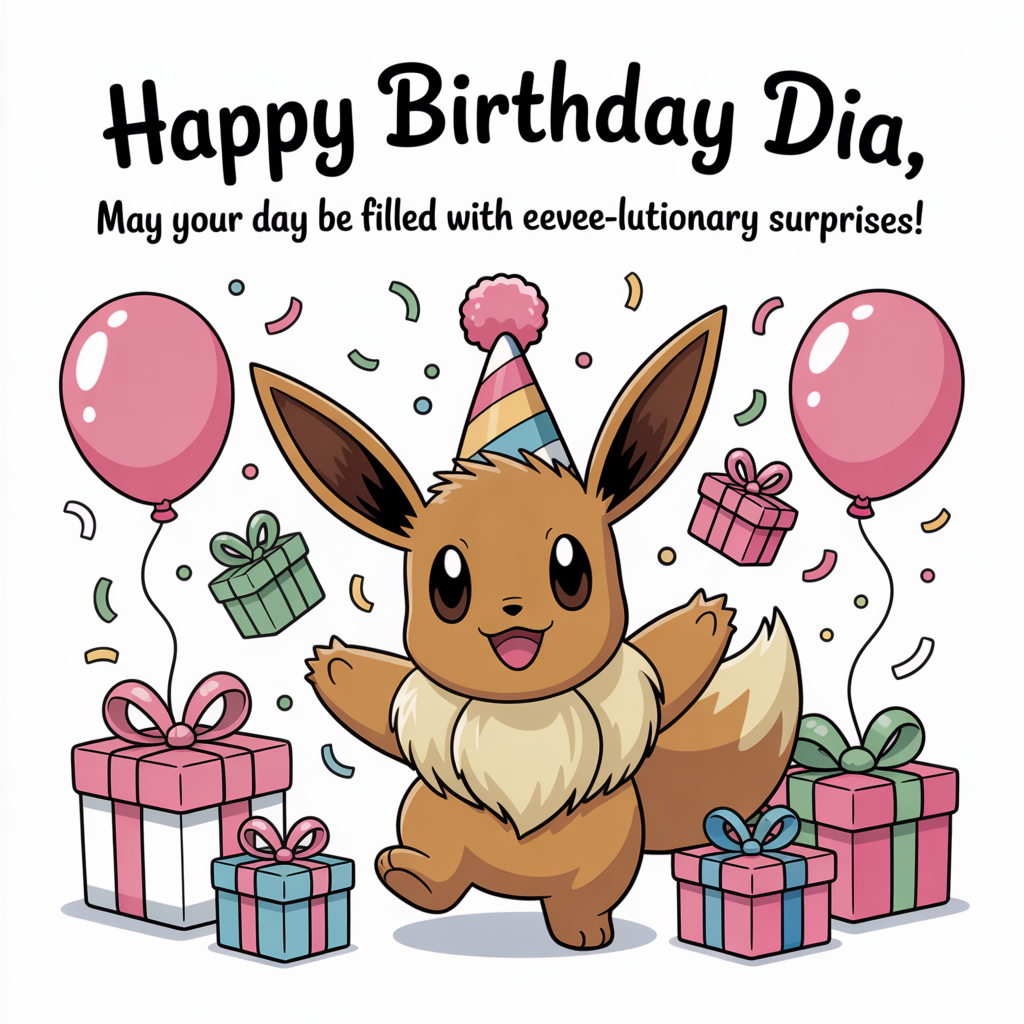 At the top of the image, "Happy Birthday Dia, may your day be filled with eevee-lutionary surprises!"

- In the center of the image, illustrate an adorable Eevee surrounded by pink birthday balloons and confetti. Eevee is playfully juggling small, cute presents with its paws, adding a whimsical touch to the scene.
Generated with these themes: Pink, eevee, and .
Made with ❤️ by AI.