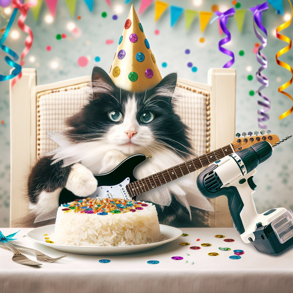 Generate an image capturing a delightful birthday party scene with a black and white cat as the center of attention. The cat, looking satisfied, dons a party hat atop its head and holds an electric guitar with its furry paws. The scene is set around a party table comprising of a plate of rice decorated with multi-colored confetti giving a festive, birthday-like feel. Add a touch of humor by including a power drill adorned with ribbons to the side of the image, contrasting with the soft, festive ambiance of the scene.
Generated with these themes: Black and white cat, Electric guitar, Rice , and Power drill .
Made with ❤️ by AI.