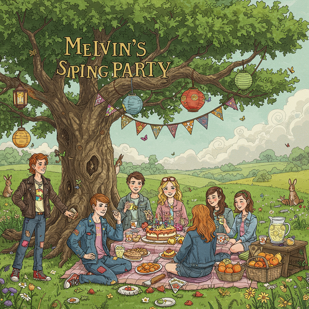 In the foreground of the card, imagine a sprawling, whimsical oak tree with intricate, twisted branches and lush green foliage, teeming with detail akin to Arthur Rackham's work. Among its branches hang colorful, handmade lanterns and vibrant, paisley-patterned bunting that spell out "Melvin's Spring Party" in bold, dynamic lettering, reminiscent of Maxfield Parrish’s rich palette.

Underneath the tree, a group of teenagers are gathered, each with a distinctly cool, slightly exaggerated fashion sense. One might be wearing a vintage leather jacket with patches of vivid red and blue, another in a sun-bleached denim outfit with quirky patches in hues of teal and mustard, hinting at the detailed hand-drawn style of Quentin Blake.

A picnic table nearby is overflowing with a bounty of nature's delights: a luscious birthday cake adorned with edible wildflowers, platters of fresh fruits in vivid oranges, yellows, and purples, and sparkling lemonade in a crystal pitcher catching the sunlight like a N.C. Wyeth scene. 

In the background, rolling meadows and a sparkling creek are depicted with the soft, illustrative touch of Beatrix Potter, populated by rabbits and squirrels playfully peeking out from between the tufts of grass. Above them, a sky of swirling pastel clouds, reminiscent of a Gustave Doré etching, frames the scene, while a few ethereal butterflies float lazily through the air, painted in delicate, iridescent tones.

Every detail, from the bark on the tree to the stitching on the teenagers’ clothes, is meticulously rendered in a hand-drawn style that is both detailed and expressive, echoing the precision and whimsy of Edward Gorey’s works. This scene encapsulates a cool, nature-inspired birthday celebration with a charmingly detailed illustration that promises a memorable, lively affair.
Generated with these themes: Teenager, Cool, Nature, and .
Made with ❤️ by AI.