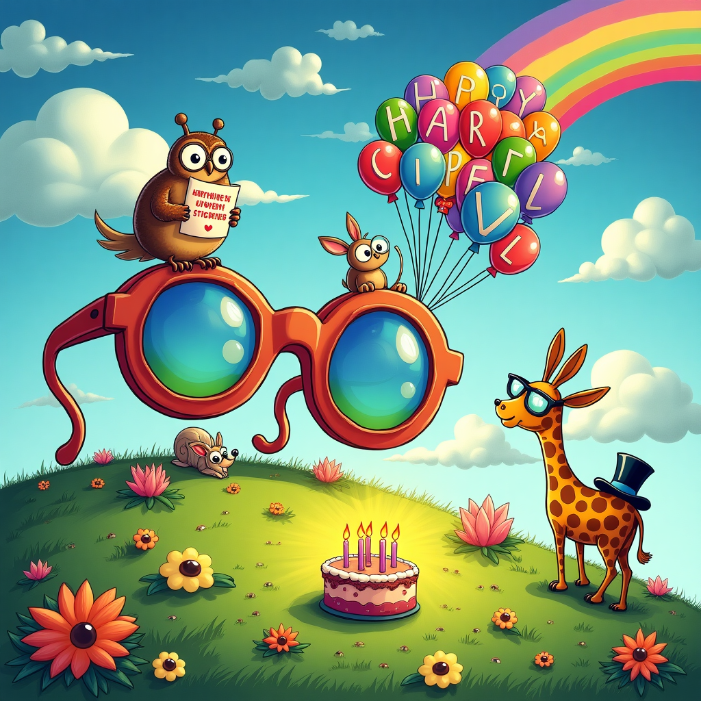 In a whimsical, surreal landscape, a gigantic pair of spectacles stands proudly in the center, the oversized lenses reflecting a kaleidoscope of vibrant birthday colors. The spectacles are perched on a lush green hill dotted with quirky flowers that have tiny eyes at their centers, each gazing in different directions, reminiscent of a scene from Winsor McCay’s dream-like worlds. Around the base of the spectacles, cartoon animals are engaged in a merry birthday celebration, inspired by the playful exuberance of Walt Disney's characters. A wise old owl, reminiscent of Hergé's precision, perches atop the frames, reading a birthday card through the lenses with comically large eyes magnified to the point of absurdity.

In the foreground, a snail wearing a monocle—a nod to the optician theme—carries a mini birthday cake on its back, with candles that spell out "Happy Birthday Gillian" in bright, animated letters that dance with the flicker of the flame. Nearby, a group of jubilant balloons, drawn with a touch of Charles Schulz’s simplicity, float upward, each attached to a tiny parachute-wearing mouse, evoking Bill Watterson’s humor. 

In the background, the sky is a surreal swirling of blues and purples, with fluffy clouds that form into the shape of cartoonish, oversized eyes winking down upon the scene. Among these clouds, a vibrant rainbow arches across, with the letters of "Happy Birthday Gillian" whimsically appearing within the rainbow’s curve, each letter composed of different spectacles frames in a playful array of colors. On the right, a rabbit in a top hat, looking suspiciously like a relative of one of Gary Larson’s peculiar creations, offers a pair of glasses to a giraffe who peers through them, seeing not the expected birthday bash, but a beach party instead.

Incorporate all these elements in a single image to create an unforgettable birthday greeting card that blends the fantastical with the optician theme in a celebration of Gillian’s special day.
Generated with these themes: Optician .
Made with ❤️ by AI.