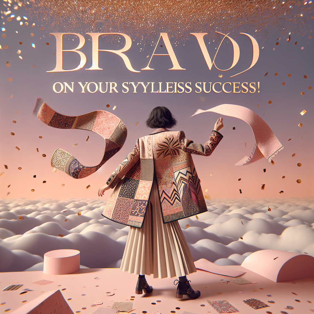 The image presents a dreamlike scene under a pastel-pink sky with golden confetti rain showering down. At the core of the scenery, a joyful character stands out, wearing an outfit that mixes historically daring patterns with minimalist elegance—a meticulously crafted jacket inspired by eccentric patterns combined with a refined minimalist skirt. This figure casually flicks a fabric tag, subtlety indicating their passion for fashion. Capturing the celebratory moment, the lettering 'Bravo on your stylish success!' hovers above the scenery, rendered in a chic lettering style.
Generated with these themes: she likes clothing channel, versace, Prada.
Made with ❤️ by AI.