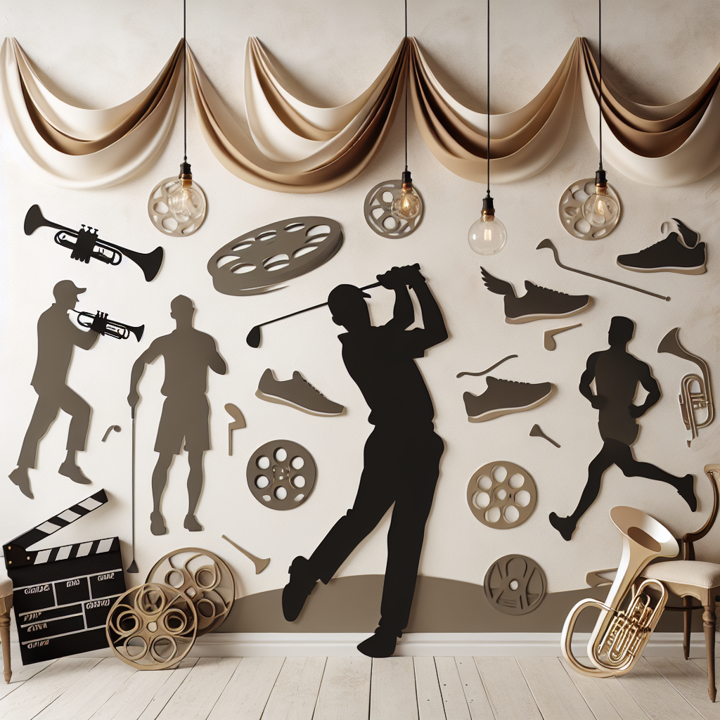 Picture an indoor birthday party setting with a subdued abstract theme that incorporates various hobbies. An elegant banner stretches across the room featuring muted-toned minimalist cutouts of golfers executing a swing and runners gracefully training, all in abstract art style. Incorporated in this design, scattered around the room, are small yet intricate motifs of old-fashioned movie reels and outline drawings of tubas that further emphasize the meticulous dedication to the hobbies. These elements are subtly placed, adding to the understated elegance of the celebration while showcasing a symbolic representation of golf, running, movies, and tuba music.
Generated with these themes: Golf, Running, Movies, and Tuba.
Made with ❤️ by AI.