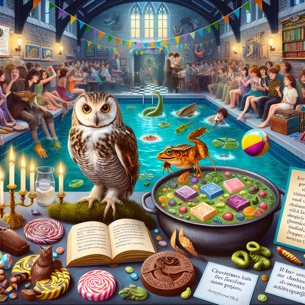 Create a lively birthday party scene that merges everyday life and the wonder of classic fantasy literature. The scene is teeming with decorations inspired by iconic magic schools from timeless books. A real owl is settled near a table packed with quirky sweets resembling candy that changes its flavor and chocolate in the shape of amphibians. Party attendees, hailing from different backgrounds, share their thoughts about their favored timeless works of literature while relaxing beside a swimming area designed to mimic a mythical lake observed in fictional books, featuring a fluctuating hot tub crafted to appear like a pot used for magic potions. The atmosphere is saturated with a deep love for novels and the fun of on-going swimming activities.
Generated with these themes: Harry potter, Owl, Craft, Sweets , Swimming , Hot tub , and Reading .
Made with ❤️ by AI.