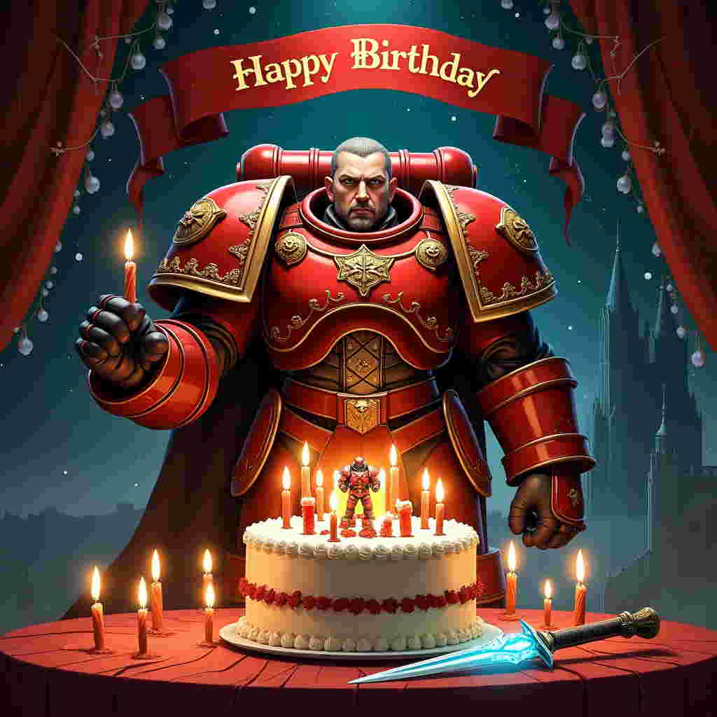 Front and center of the birthday card, we have a fantastical scene of a Warhammer 40K-inspired celebration. At the heart of the design stands a towering Blood Angel Space Marine in his iconic red armor, gleaming with intricate gold embellishments and symbols of the Imperium. His helmet is removed, revealing a determined, lifelike visage with piercing eyes and short-cropped hair, rendered with such detail that it almost seems like he could step off the card.

In his massive gauntlet, the Blood Angel holds a large, intricately decorated birthday cake. The cake is lavishly iced in white with red and gold accents mirroring the marine's armor. On top, a miniature figurine of the same Blood Angel stands proudly, his bolt pistol raised skyward in a triumphant salute.

Around the base of the cake, an array of tiny candles burn brightly, casting a warm, flickering glow. Each candle is meticulously detailed, with wax drips captured in perfect realism.

Surrounding the main scene are banners and streamers that float lazily, draping down from an unseen ceiling. Among them, a crimson banner boldly displays the name "Todd" in golden gothic script, creating a regal focal point in the upper left corner.

The background is a deep, cosmic black, dotted with distant stars that twinkle against the void. It gives the impression that the celebration is occurring on a celestial battlefield. The far horizon hints at a looming Gothic cathedral, its spires reaching into the heavens, casting long shadows that add depth to the scene.

In the lower right corner, a power sword, sheathed in cerulean energy, leans casually against the table on which the cake rests, completing the Warhammer theme with its iconic design and radiant detail.
Generated with these themes: War hammer blood angel .
Made with ❤️ by AI.