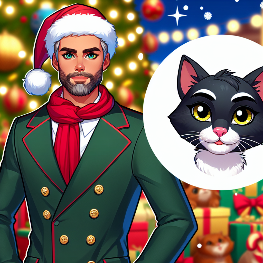 A festive cartoon scene unfolds, featuring an apologetic adult in holiday attire, surrounded by a charming Christmas ambiance. Nearby, a cartoon cat with a lustrous black coat and striking yellow eyes adds to the yuletide spirit, yet details about its breed or size remain untold within the image.
.
Made with ❤️ by AI.