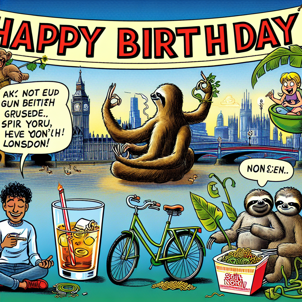 A lighthearted birthday setting with humorous and personalized details. A 'Happy Birthday' banner is displayed prominently in both English and Hindi, set against the stunning backdrop of the cityscape of London. A peaceful person of South Asian descent is meditating close by, reflecting a touch of spirituality, and near them is a glass of whisky symbolizing indulgence. Sloths in a state of relaxation, seemingly euphoric, are shown cuddling and holding generic green leaves, while perched on a whimsical green bicycle. The scene is further enhanced by cartoon characters reminiscent of mid-20th-century American comic strips, who join the celebration, and the scent of a popular instant noodle meal fills the air, heightening the sense of joy, levity, and unique spirit of the cartoon birthday theme.
Generated with these themes: Whisky, Meditation, Spirituality, Maggi noodles, View of London, Peanuts, Sloths cuddling and smoking weed, Happy Birthday written in English and in Hindi, and Green bicycle.
Made with ❤️ by AI.
