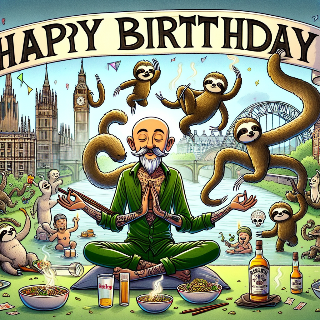 Imagine a whimsically illustrated cartoon scene for a birthday celebration filled with light-hearted and appealing elements. At the forefront is a large, high-spirited 'Happy Birthday' banner inscribed in bold English letters and beautifully scripted Hindi, flowing across a scenic cityscape resembling iconic structures of London. A spirited character of Hispanic descent, dressed in a deep green outfit and displaying a peaceful demeanor, is portrayed sitting in a lotus position, symbolizing spirituality and meditation. The character jestingly has a bottle of whisky within easy reach. Underneath, playful sloths resembling cartoon characters imitate human actions and humorously pretend to smoke, as they hang from a forest green bicycle held in suspension. Around them, characters of diverse descents are enjoying hot, savory bowls of noodles bringing a cozy feel to the scene. Instead of copyrighted cartoon figures, incorporate characters that mirror the childlike simplicity and appeal, adding an essence of nostalgia and charm to the jovial atmosphere.
Generated with these themes: Whisky, Meditation, Spirituality, Maggi noodles, View of London, Peanuts, Sloths cuddling and smoking weed, Happy Birthday written in English and in Hindi, and Green bicycle.
Made with ❤️ by AI.