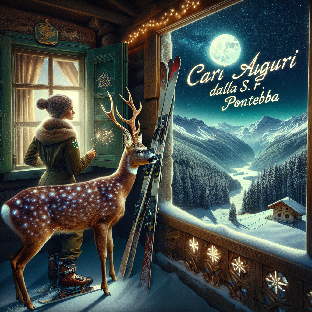 In the second variation, the scene takes on a night setting, where a forest ranger in a cozy cabin looks out the window at a magical, moonlit winter landscape. Skis are propped up against the cabin's outer wall. A roe deer with an unusually vibrant coat that glistens under the moonlight acts as the guardian's companion. Together, they seem to be awaiting something extraordinary. Above this tranquil tableau, the starlit sky doubles as a canvas for the heartfelt 'Cari Auguri dalla S.F. Pontebba,' written in elegant, shimmering script that mirrors the stars.
Generated with these themes: forest guard / ranger / ski / roe deer.
Made with ❤️ by AI.
