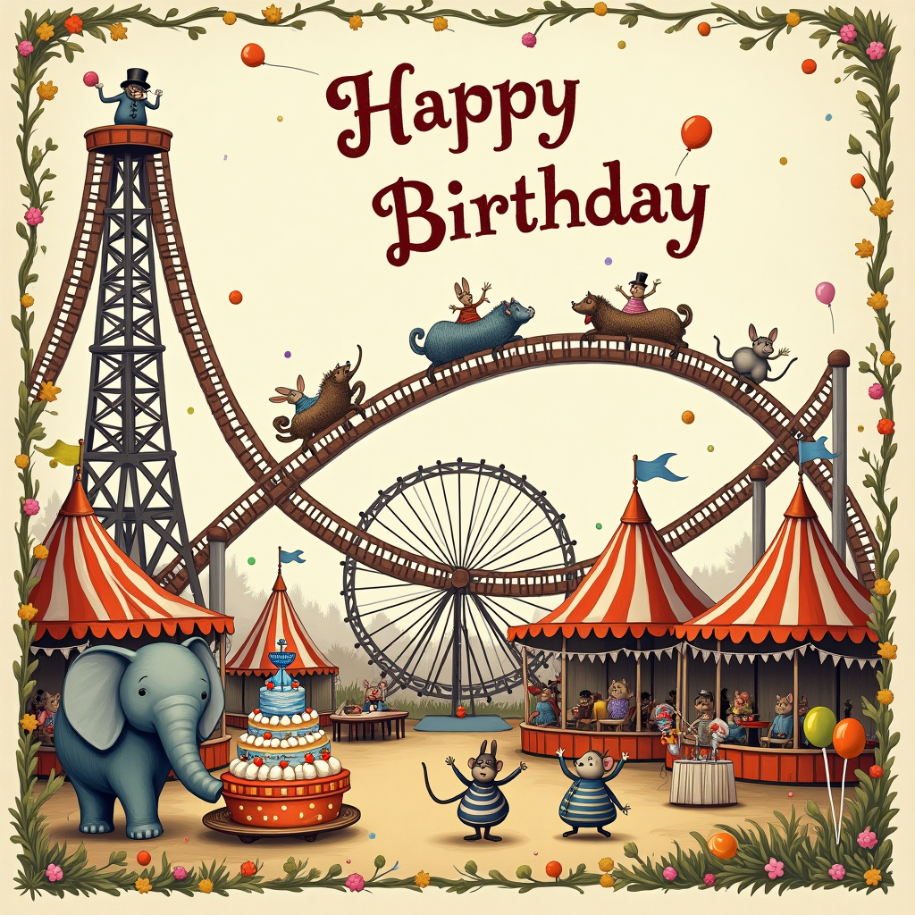 In the center of the card, a whimsical, slightly chaotic scene unfolds at an eccentric fairground. The main attraction, a towering, rickety rollercoaster, swoops and spirals across the top half of the card, with its tracks forming a loopy "Happy Birthday" in the sky. Each car of the rollercoaster is occupied by animals in dapper attire, reminiscent of Beatrix Potter's charming woodland creatures. A rabbit in a top hat clutches his monocle as he plummets down a steep drop, while a hedgehog with a tiny bow tie throws his arms up in glee. Below, on the ground, a delightfully old-fashioned carousel with intricately carved wooden animals spins merrily. Near the carousel, a small, rotund elephant in a striped circus outfit is balancing precariously on a large birthday cake, which doubles as a platform for an impromptu juggling act with brightly colored balloons. In the foreground, a comical trio of Victorian-style dressed mice are selling oversized, frosted cupcakes from a little stand, each cake topped with a single candle that seems to flicker with its own magical glow. The background is filled with tents and stalls adorned with bunting and fairy lights that cast a whimsical sparkle, much like the intricate line work of Aubrey Beardsley. Amidst the lively backdrop, a vintage-looking Ferris wheel turns slowly, its seats filled with characters from a Maurice Sendak-esque world, waving joyfully. The entire scene is framed by a border of swirling, delicate vines and blossoms, as if the fair itself were growing naturally out of the earth, a nod to Arthur Rackham's intricate natural elements. This bustling fairground on a birthday card promises an adventure-filled celebration, teetering on the edge of the fantastical and the absurd.
Generated with these themes: fair rolercoaster.
Made with ❤️ by AI.
