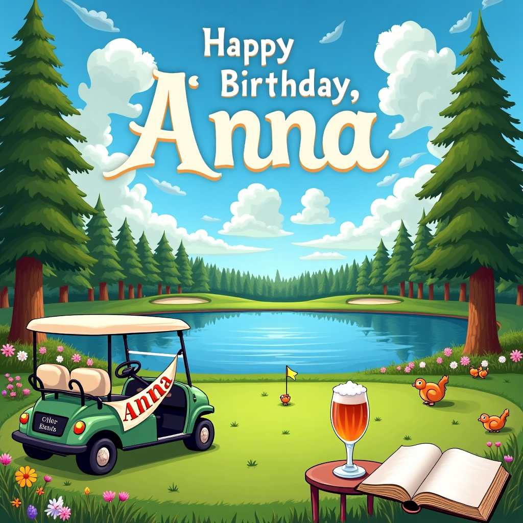 On the front cover of the birthday greeting card, imagine a whimsical golf course nestled beside a sparkling lake that glistens under a bright, cheerful sky. At the center of this playful scene is a lush green fairway with a quaint, old-fashioned golf cart parked on the side, adorned with a vibrant "Happy Birthday, Anna!" banner draped across its front, the letters written in a playful, quirky font that resembles dancing golf balls. Near the cart, a small round table with a white linen cloth stands proudly, holding a frothy glass of cider with condensation dripping down its sides, catching the sunlight. Next to the cider, a large, colorful book with an inviting cover lies open, as if someone has just stepped away for a moment to admire the serene view.

In the background, towering pine trees frame the picturesque scene, their needles swaying gently in the breeze. Beneath these trees, a whimsical group of ducks have gathered, some lazily paddling in the lake while others waddle playfully on the shoreline, leaving tiny footprints in the soft sand. Above, the sky is a canvas of fluffy, cumulus clouds, and if you look closely, you can see that the clouds have formed the word "Anna" in delicate, swirling script, subtly blending into the azure expanse as if painted by a celestial hand.

The edge of the lake is dotted with wildflowers in a riot of colors—pinks, yellows, and purples—adding a splash of vibrancy and echoing the natural beauty of a Maxfield Parrish painting. Off to the side, a small group of squirrels, rendered with the detail reminiscent of a Beatrix Potter illustration, are playfully peeking out from behind a nearby tree, their eyes full of curiosity as they watch the scene unfold. The whole composition exudes a timeless, storytelling charm that nods to the likes of Norman Rockwell and Edward Gorey, blending whimsy with a touch of the fantastical.
Generated with these themes: Golf course beside a lake, and Sitting sipping a cider and reading a good book.
Made with ❤️ by AI.