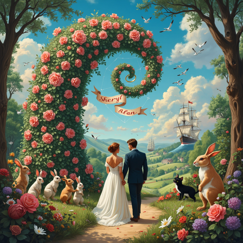 Imagine a vibrant, otherworldly garden where flora and fauna come alive with whimsical charm. In the center, a gigantic, enchanted rose bush with petals that shimmer like opalescent jewels creates a grand archway. Emerging from the archway, Sheryl and Alan stand hand-in-hand, dressed in romantic, vintage attire reminiscent of the golden age of Norman Rockwell's Americana.

Above them, in the cerulean sky, two whimsical clouds have playfully formed the names "Sheryl & Alan" in a delicate script, much like how a quill might write in an Aubrey Beardsley illustration. Surrounding the couple, quirky creatures inspired by Maurice Sendak's wild things dance joyfully. A family of elegantly dressed rabbits, straight from Beatrix Potter's tales, hold a beautifully decorated banner that reads "Congratulations!"

To the side, a gentle, giant tree straight out of an Arthur Rackham forest spreads its branches. From one of these branches hangs a gleaming diamond ring suspended within a delicate spider web spun by an industrious, smiling spider, capturing the light and reflecting a prism of colors.

In the background, rolling hills painted with the rich, dreamy hues of Maxfield Parrish rise into a twilight sky, where N.C. Wyeth's ethereal sailing ships drift through the clouds. Amongst these floating vessels, seagulls, sketched in a loose, energetic style à la Quentin Blake, swoop and dive playfully.

Lastly, in the foreground, a mischievous black cat, echoing Edward Gorey's enigmatic creatures, presents a velvet pillow upon which rests an elegantly engraved scroll. This scroll, tied with a crimson ribbon, reads "To Sheryl & Alan, with Love and Congratulations."

This surreal scene is a harmonious blend of whimsical storytelling and intricate detail, celebrating Sheryl and Alan's achievement in a fantastical world where love and romance are intertwined with magic and wonder.
Generated with these themes: Love, Romance, and Diamond ring .
Made with ❤️ by AI.