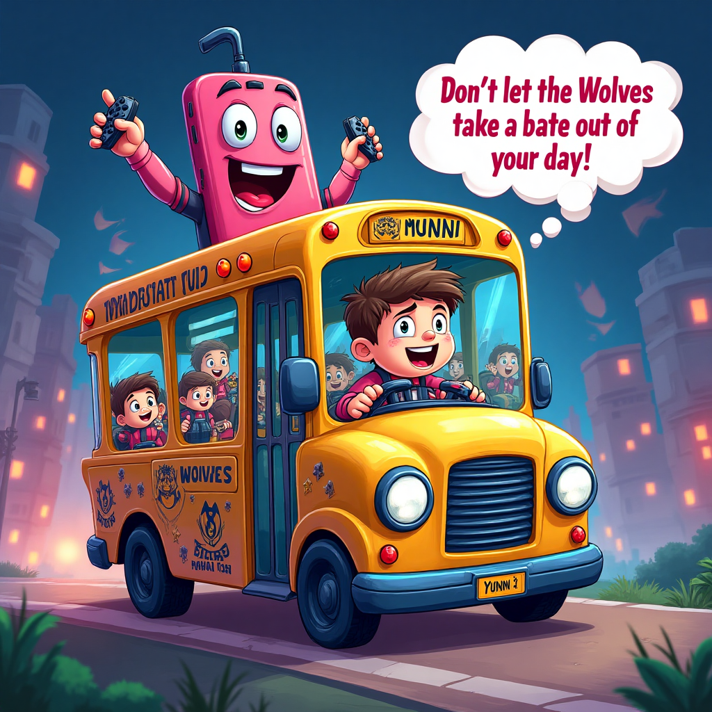 At the top of the Cartoon Style image, **Happy Birthday Yonni**

**Scene Description:**

In a vibrant, playful cartoon world, an oversized, animated iPhone with a cheeky grin and googly eyes sits at the wheel of a wacky, gaming-themed bus. The bus is decked out in neon lights and graphics of various video games. The side of the bus proudly displays the logo of the Wolves Football Club, with cartoon wolves cheering and waving tiny flags. A group of energetic, cartoon characters, all around age 10, are having a blast inside the bus, each clutching controllers as if the bus is a giant mobile gaming hub. One kid, with a particularly excited expression, is seen virtually scoring a goal for the Wolves on a screen inside. In a speech bubble above the bus, the iPhone jokes, "Don't let the Wolves take a byte out of your day!"
Generated with these themes: Iphone, Gaming bus, Age 10, Wolves football club, and .
Made with ❤️ by AI.