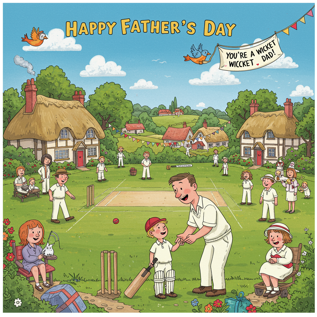 At the top of the Cartoon Style image, the text reads: "Happy Father's Day".

**Image Prompt:**

Create a vibrant and playful cartoon scene set in the picturesque countryside of Surrey during a lively village cricket match. The scene is bustling with cheerful villagers enjoying the sunny day. In the foreground, a father and child, both dressed in cricket whites, are sharing a heartfelt moment, the father teaching his child how to hold a cricket bat. Their expressions are filled with joy and pride.

In the background, the lush green cricket field is surrounded by quaint cottages with thatched roofs, and trees swaying gently in the breeze. A rainbow of colorful bunting hangs across the scene, adding to the festive atmosphere. The sky is a brilliant blue, dotted with fluffy white clouds, and a friendly bird flies overhead, carrying a small banner that whimsically reads, "You’re a wicket Dad!" in playful, bold letters.

The exaggerated features of the characters, like the father's oversized hands gently guiding his child's, and the bright, saturated colors, bring a sense of warmth and energy, perfectly capturing the sincere and joyful mood of Father's Day.
Generated with these themes: Village cricket match in surrey, and .
Made with ❤️ by AI.