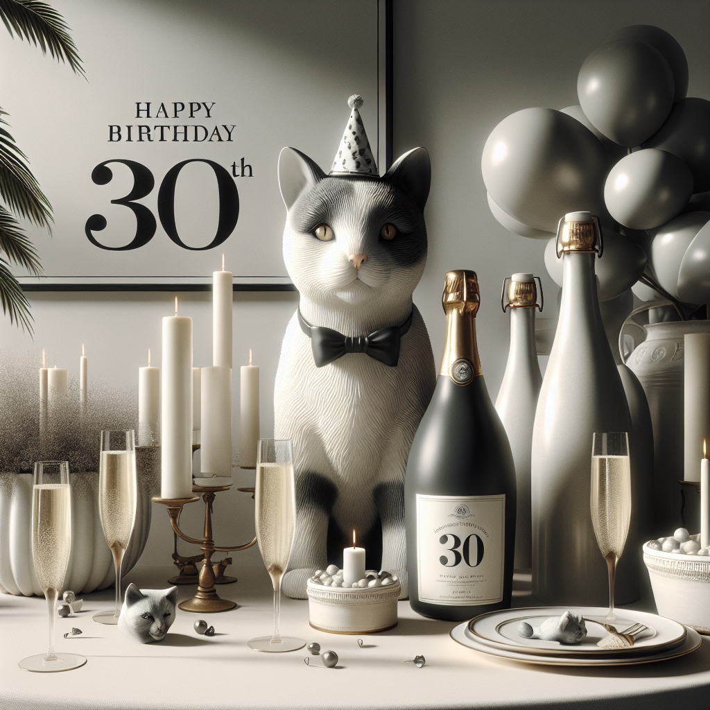 Imagine a 30th birthday scene that perfectly intertwines sophistication and whimsy. The color scheme is predominantly subtle grays, enhanced by pops of creamy whites. Seated in the center of the room, you'll find a life-sized sculpture of a black and white cat, rendered in striking realism right down to the texture of its fur. The feline figure is adorned with a tiny festive hat, the only nod toward humor in its otherwise serious construction. Scattered around the room, you'll find elegantly designed bottles of Prosecco, notable for their custom labels that joyously celebrate the birthday milestone. Complementing these bottles are tall, delicate flutes, filled with the sparkling, effervescent liquid and poised for a toast.
Generated with these themes: 30th birthday. Black and white cat. Prosecco..
Made with ❤️ by AI.