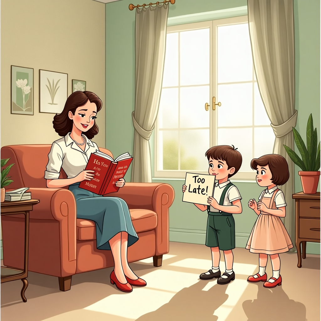 Here’s the image prompt you asked for:

---

**Prompt:**  
An illustrated, funny scene in a cozy 1960s-style living room, filled with natural light from a big window. A stylish white woman in her 30s, wearing a smart, early-60s dress (think neat A-line skirt, pearls, tidy hairstyle), is sitting on a vintage, mid-century sofa. She’s reading a thick, serious-looking parenting book titled "How to Be the Perfect Mother" to two young white children, a boy and a girl, around ages 5-7, who are also dressed in charming 1960s children's clothes (little suspenders, mary-janes, modest dresses). The twist: both kids look hilariously skeptical—one rolling their eyes and the other looking absolutely bewildered, holding up a crayon-drawn sign that says "Too Late!" in childlike handwriting. The vibe is warm and cheeky, with pastel tones and charming vintage decor around them, like patterned wallpaper and a houseplant on a side table.

---

Would you also like a few alternate funny caption ideas to pair with it?
Generated with these themes: the front illustration shows a white woman in her 30s reading a book to two young white children, a boy and a girl. They are all sitting on a living room sofa. There is natural light from at least one window.  The people are dressed in the clothing styles of the early 1960s. .
Made with ❤️ by AI.