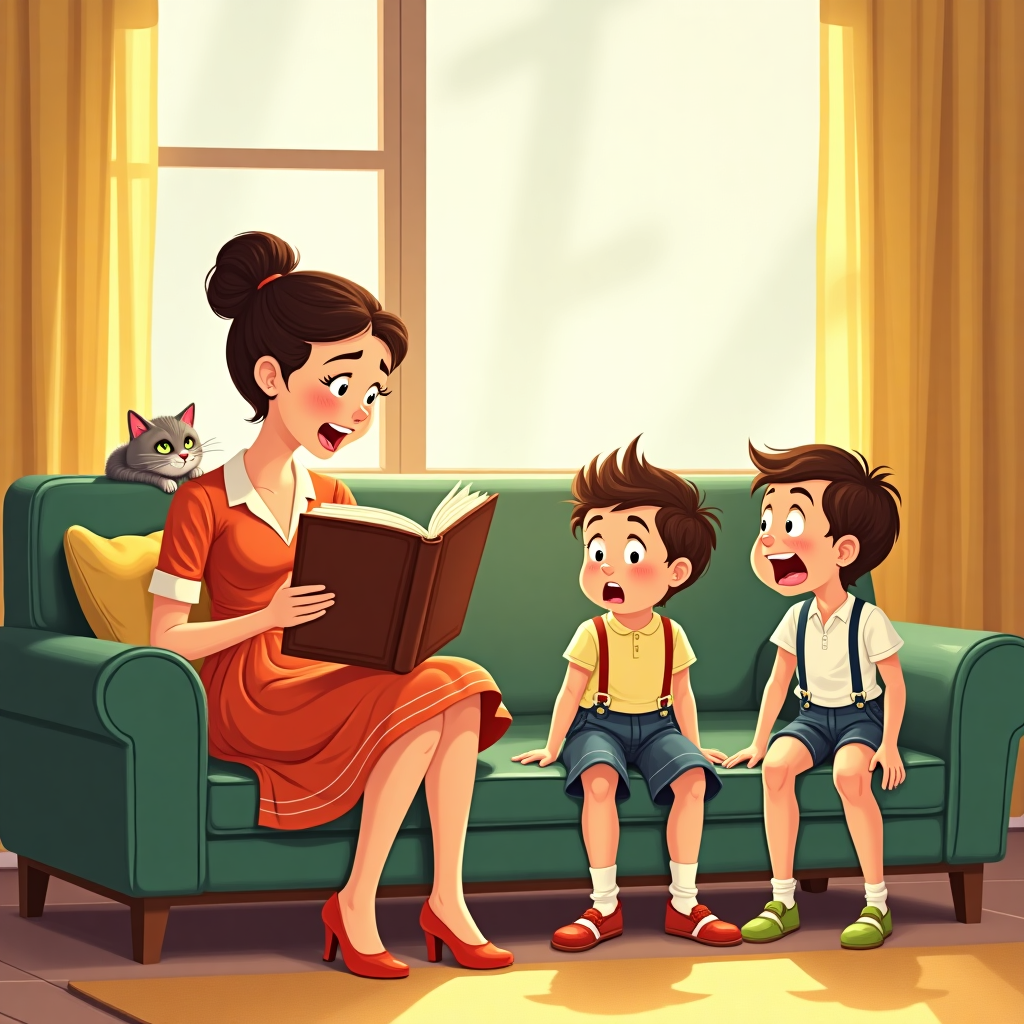 Sure! Here's a finished prompt based on your instructions:

---

**Prompt:**  
Create a colorful, funny illustration set in the early 1960s. A stylish white woman in her 30s is sitting on a cozy living room sofa, reading dramatically from a big, old-fashioned book to two young white children — a boy and a girl, around 5–7 years old. The children look comically horrified or wildly confused, as if the story is unexpectedly chaotic or way too serious for bedtime. The woman is wearing a classic early '60s house dress and kitten heels; the kids are dressed neatly — the boy in shorts with suspenders, the girl in a cute frilly dress. Sunlight streams warmly through at least one window in the background, highlighting the classic mid-century modern décor (think clean lines, colorful patterns). Maybe a confused family cat is peeking over the back of the sofa or snoozing dramatically nearby. Keep the colors soft but cheerful, and the style whimsical and playful. Emphasize the funny reactions of the children to the woman's exaggerated storytelling.  

---

Would you like a few more variations just in case? 🎨
Generated with these themes: the front illustration shows a white woman in her 30s reading a book to two young white children, a boy and a girl. They are all sitting on a living room sofa. There is natural light from at least one window.  The people are dressed in the clothing styles of the early 1960s. .
Made with ❤️ by AI.