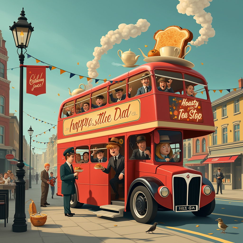 In this whimsical scene, imagine a bustling 1948 street where the iconic double-decker bus is the star of the show, parked at an unusual stop. The bright red bus has "Happy Birthday, Dad" emblazoned across its side in vintage white lettering. The bus is not just any bus, it's a mobile café! Out of its open windows, aromatic clouds of steam are wafting, shaped in the form of teacups and slices of toast, spiraling into the blue sky above. On the roof of the bus, there’s a retro-style sign in glowing neon lights that reads “Welcome to the Toasty Tea Stop!” where the 'O' in 'Toasty' is creatively replaced by a giant illustrated cup of tea. A queue of jovial, smartly dressed 1940s characters extends from the bus's open doors, each one eagerly holding a plate with a steaming hot serving of beans on toast. An old-fashioned street lamp stands next to the bus, with strings of festive bunting in blue and gold colors weaving through it, ending in a banner that hangs between the lamp and the bus's upper deck that reads "Celebrating since 1948!" The pavement is sprinkled with confetti, and a small brass band is setting up in the corner, ready to play. In the distance, a row of quaint shops with art deco façades completes the nostalgic setting, while a cheeky sparrow with a tiny flat cap cheekily pecks at a bean that has rolled to the ground.
Generated with these themes: Bus, Cup of tea, Beans on toast, and 1948.
Made with ❤️ by AI.