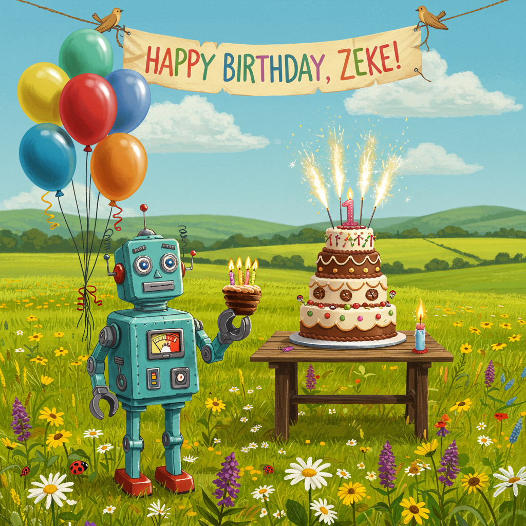 In the foreground of the birthday scene, there's a whimsical, retro-styled robot, reminiscent of a classic tin toy. It stands proudly on spindly legs with articulated arms that end in three-pronged claws. The robot is painted in a palette of shiny turquoise with chrome accents, with a red and yellow gauge on its chest indicating "100% Fun." Its round head features large, expressive eyes made of glass with intricate gear patterns within, and a small antenna protruding from the top, ending in a blinking light.

In its left claw, the robot holds a festive balloon bouquet composed of balloons in various colors: a vibrant royal blue, a bold red, a zesty orange, and a soft mint green. Each balloon is tied with a curly ribbon, with a hint of glossy reflection under a cartoonishly depicted sun.

The background is an open meadow, filled with patches of wildflowers in yellows and purples, dotted with daisies. A few ladybugs can be seen on the petals, crafted with delicate lines. Beyond the meadow, a picturesque line of rolling hills painted in a palette of emerald and olive green stretches to the horizon under a sky of a soft azure hue, scattered with fluffy white clouds.

Centered within the scene is a towering, elaborate birthday cake sitting atop a rustic wooden table. The cake has five tiers, each decorated with intricate patterns of piping and adorned with edible gears and cogs, echoing the robot's aesthetic. The top tier is crowned with sparklers sizzling with animated motion.

A large, eye-catching banner arcs across the top of the scene, written in a playful script that echoes the styles of Quentin Blake and Maurice Sendak. The banner is held aloft by two mischievous birds, illustrated in the style of Beatrix Potter, and it reads, "Happy Birthday, Zeke!" The letters are vibrant, each one a different color from the robot's palette, appearing as if hand-painted with strokes visible.

Near the base of the cake, there's a scattering of birthday presents, wrapped in shiny metallic papers of silver and gold, each topped with an elaborate bow. The scene captures the eye with its balance of detailed elements, playful contrasts, and the harmonious color palette typical of a Maxfield Parrish landscape.
Generated with these themes: With robot.
Made with ❤️ by AI.