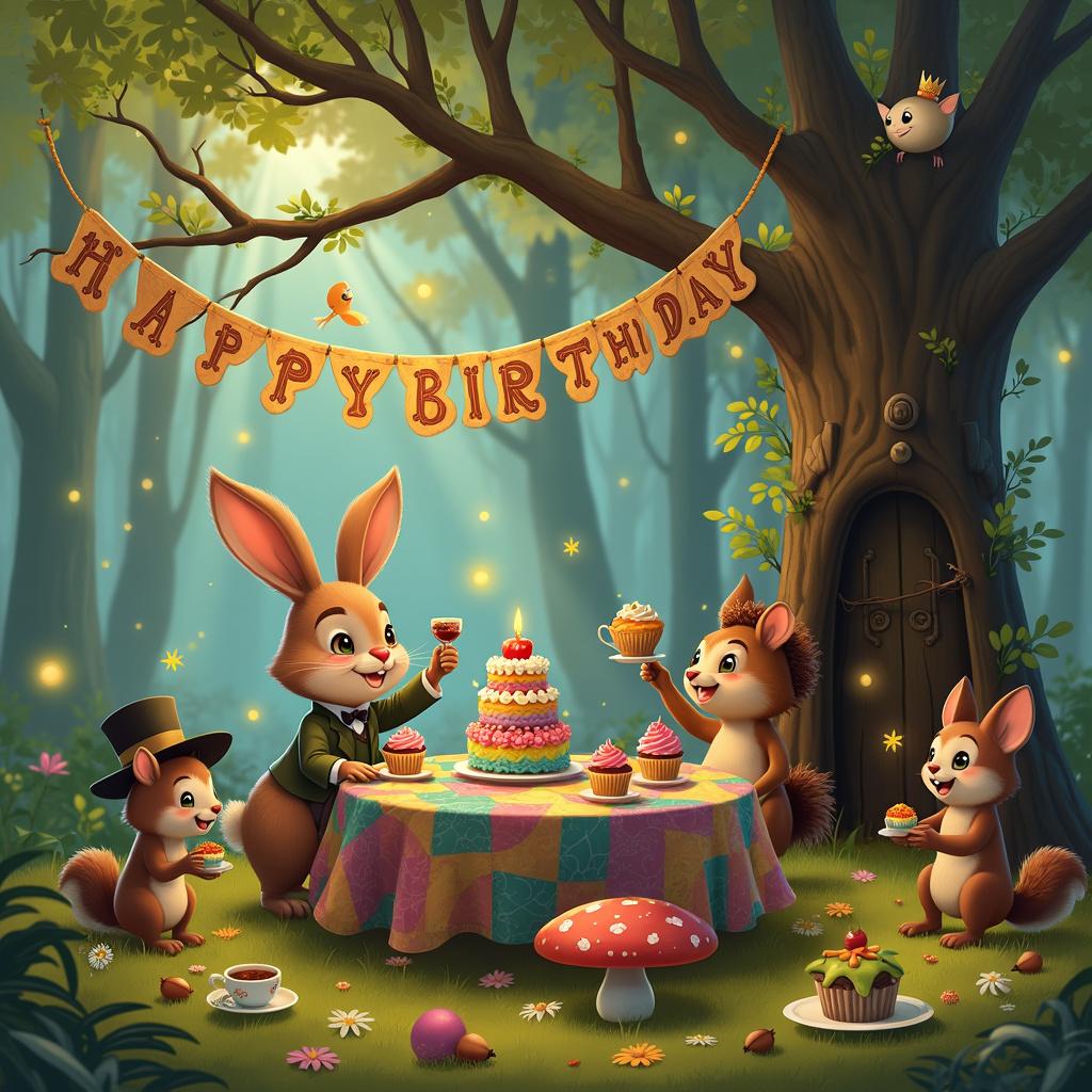 In a whimsical, enchanted forest clearing, golden sunlight filters through the leafy canopy above, creating a magical atmosphere. At the center of this delightful scene stands a giant mushroom, serving as a makeshift table decorated with a vibrant, patchwork quilt tablecloth. A feast of quirky treats adorns the table, including a three-tiered cake with rainbow frosting, cupcakes adorned with playful faces, and a charming teapot shaped like a frog. Gathered around the table are a lively group of anthropomorphic woodland creatures, celebrating a birthday in full spirit. A dapper rabbit, dressed in a waistcoat and monocle, raises a tiny teacup in a joyous toast, while a mischievous squirrel, donning a jaunty hat, presents a gift wrapped in a giant leaf. Nearby, a hedgehog, sporting a tiny party hat, juggles acorns, providing laughter and entertainment to the delighted guests. In the background, a majestic tree with an intricately carved door hints at the secret homes of the forest's inhabitants. Stretching between two trees, a banner made of woven vines and flowers spells out "Happy Birthday" in delicate, hand-lettered script. Fireflies flit about, adding a touch of sparkle to the festivities, as a pair of birds wearing tiny crowns perch on the banner, chirping a cheerful tune. The entire scene is alive with joyful energy, each creature engaging in the celebration, their faces radiating love and delight.

Generated with these themes: loving.  
Made with ❤️ by AI.