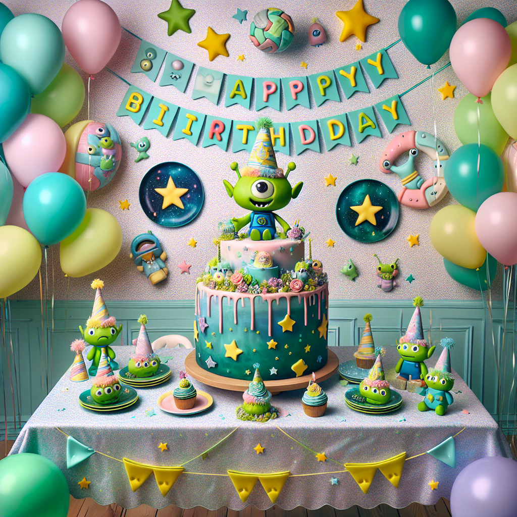 A delightful and whimsical birthday party theme brimming with cheerfulness. The scene is adorned with pastel-colored balloons and streamers at the edges, adding a festive vibe. A table stands at the center, draped with a star-patterned tablecloth. Atop this table sits a fantastical cake, crowned by a tiny fondant green alien creature affectionately clutching a birthday cupcake. Surrounding the cake are vibrant plates and cups, each depicting the same charming green alien creature donning festive party hats. The backdrop unfurls a banner featuring 'Happy Birthday' in bubbly letters, and various imaginary cartoon characters from a distant fictional galaxy send their joyous wishes to the celebrant.
Generated with these themes: Baby yoda.
Made with ❤️ by AI.