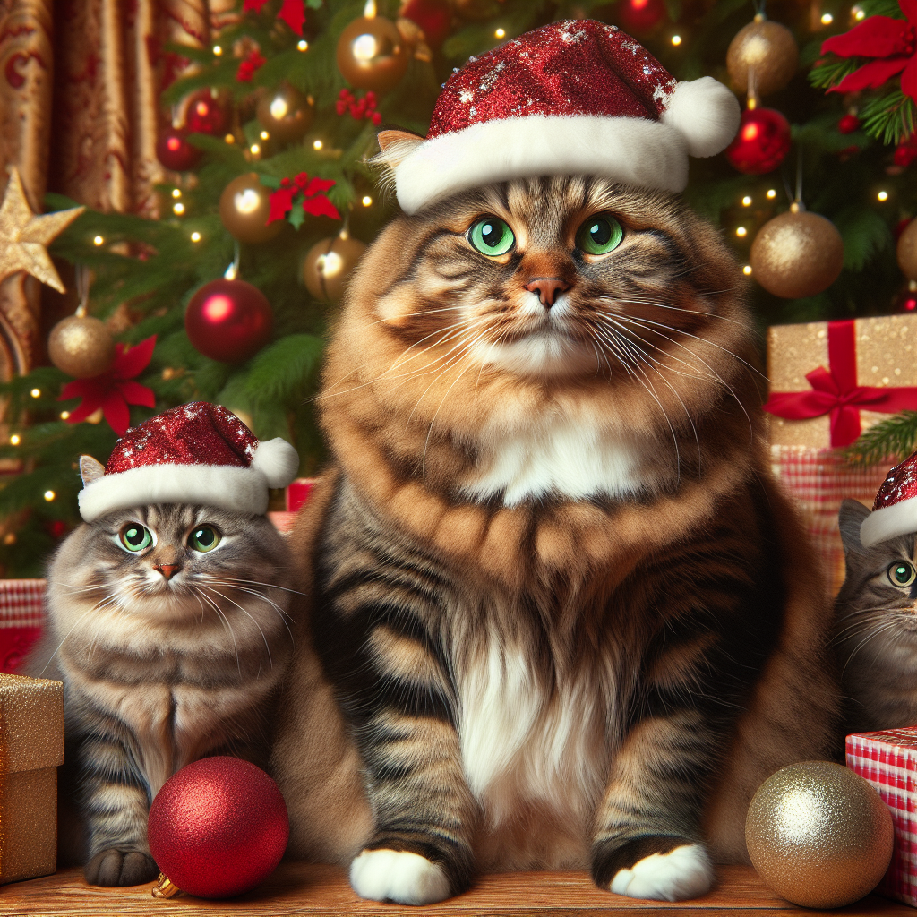 In this endearing Christmas scene, the focus is on rotund domestic cats, with the rightmost being an adult sporting a gray tabby coat with striking green eyes. The image radiates a holiday cheer, accentuating the merry atmosphere.
.
Made with ❤️ by AI.