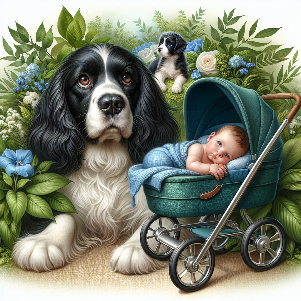 Create an image featuring a realistic scene set under the aura of a sweet summer. The main characters include a highly detailed black and white Springer Spaniel with a warm, gentle gaze looking at a baby boy resting in a modern blue pram. Lush green plants surround them, exuding tranquility and symbolizing new beginnings. The baby boy is surrounded by soft touches of blue to indicate his gender. This scene is a celebration of the arrival of a new member in the family.
Generated with these themes: Black and white Springer spaniel, Baby boy, Pram, Blue, Summer, and Plants.
Made with ❤️ by AI.