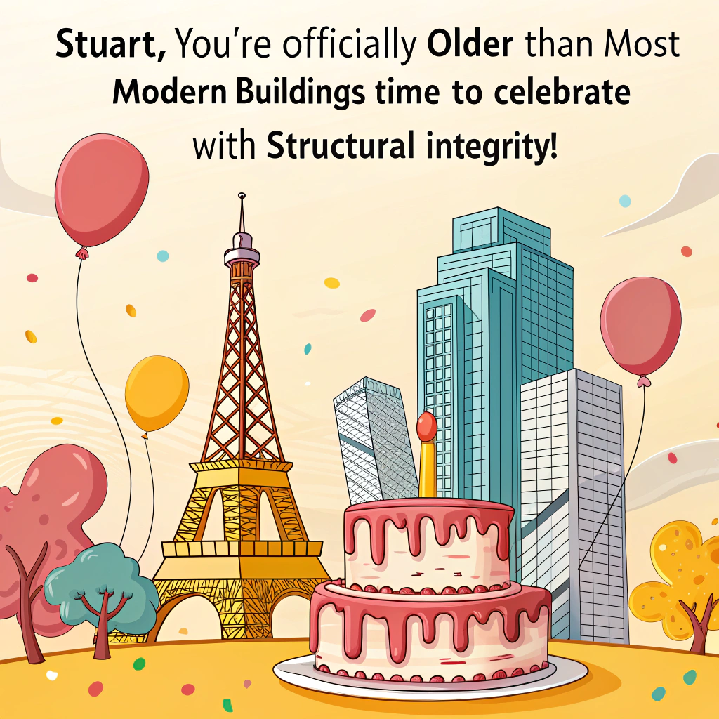 At the top of the image, "Stuart, you're officially older than most modern buildings—time to celebrate with structural integrity!"

- Create a surreal abstract scene where elements of famous architecture are melting like birthday candles: a leaning Eiffel Tower dripping into a cake, skyscrapers sprouting balloons instead of antennas, and windows shaped like party hats.  
- Color scheme: playful and vibrant—think bright yellows, teals, and coral pinks.
- Shapes are fluid and exaggerated—mixing curves and geometric patterns that suggest a joyful architectural daydream.
- In the foreground, include abstract blueprint sketches doodled with confetti and streamers, and somewhere in the scene, a sign that reads: "Stuart's Construction Site: Building More Memories!"
Generated with these themes: architecture.
Made with ❤️ by AI.