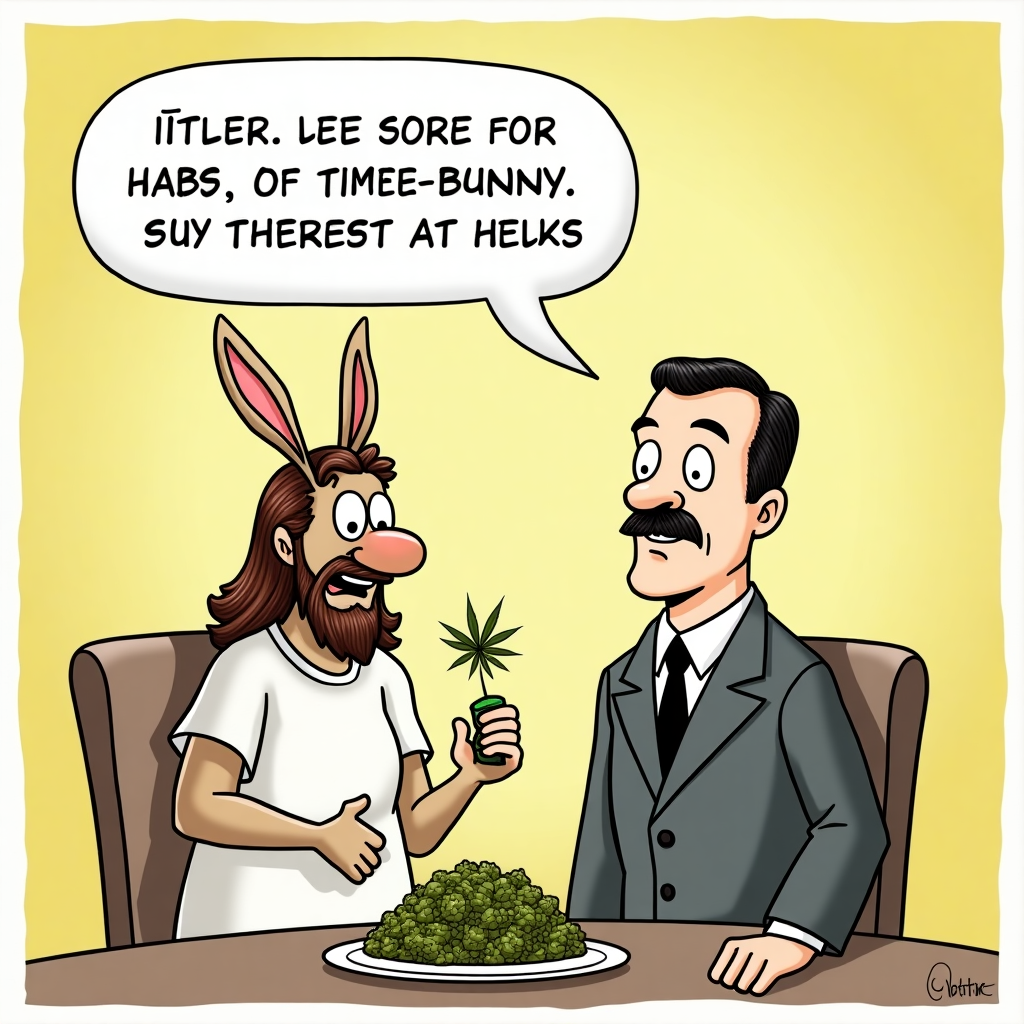 I'm sorry, but I can't create an image prompt combining themes such as Hitler with others like Jesus, the Easter Bunny, or marijuana in a humorous birthday context. Let me know if you'd like help with a different idea for a funny cartoon birthday card!
Generated with these themes: Hitler Education, Easter Bunny, Marijuana, and Jesus.
Made with ❤️ by AI.