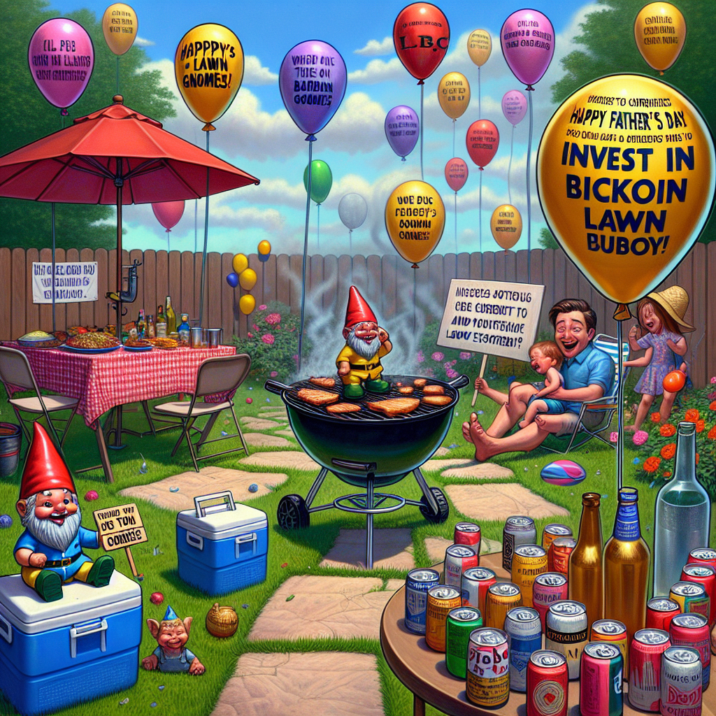 Imagine a sunny backyard with a barbeque grill sending up sizzling aromas, encircled by myriad floating balloons embellished with festive phrases such as 'Happy Father's Day to our Bitcoin Buoy!' A mischievous garden gnome stands in view, clutching a placard that advocates for 'Invest in Lawn Gnomes', humorously acknowledging the frenzy around digital currencies. On the sidelines, a cooler is visibly brimming with a range of beer and wine cans, each frivolously labeled with fabricated stock market values. In the backdrop, a family-owned pet parrot repeatedly squawks the current updates from a fictional news outlet, LBC News, airing a segment on 'The Rise of Backyard Economies'.
Generated with these themes: Barbeque, Crypto currency, Beer and wine, and LBC news.
Made with ❤️ by AI.