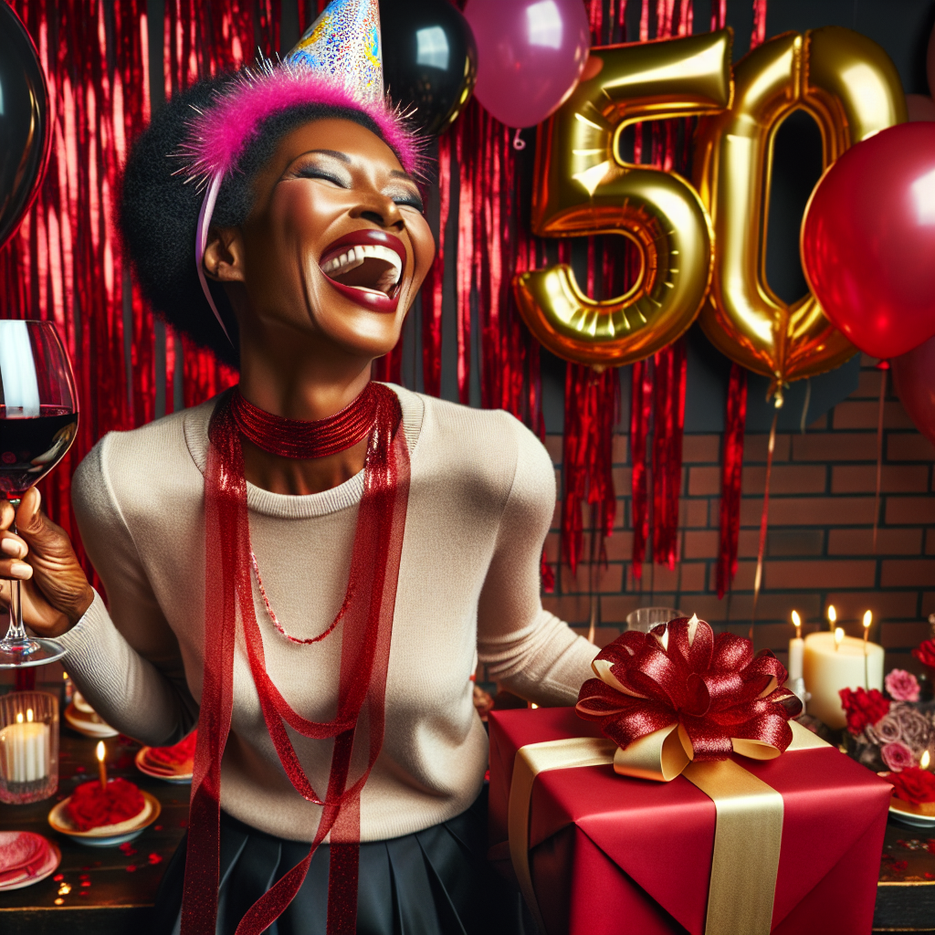 A delightful image of a birthday celebration highlighting a woman's 50th milestone year. Centered in the image, a stylish Black woman wearing a colorful party hat laughs heartily while holding a glass of red wine. She is surrounded by a festive setting filled with balloons and hanging streamers in varying shades of ruby and scarlet. At one side of the image, a beautifully wrapped present with the golden number '50' prominently displayed symbolizes the special year.
Generated with these themes: 50, Red wine, Party, and Female.
Made with ❤️ by AI.