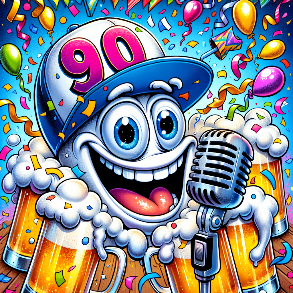 A vibrant and whimsical cartoon birthday celebration scene, filled with splashes of lively color. In the middle of the scene, an anthropomorphized baseball cap, with big comic-like eyes, is singing a jazzy tune for a 90th birthday into a vintage microphone. This cap is grinning broadly, and its brim is adorned with a bold '90'. Frothy bubbles are floating around in the scene, emerging from beer mugs, adding to the party spirit. The atmosphere is further enhanced with colorful confetti and streamers raining down. Everything in the scene combines in a merry tribute to the milestone of a nonagenarian's age, filled with laughter and joy.
Generated with these themes: 90th birthday jive singing baseball cap beer.
Made with ❤️ by AI.