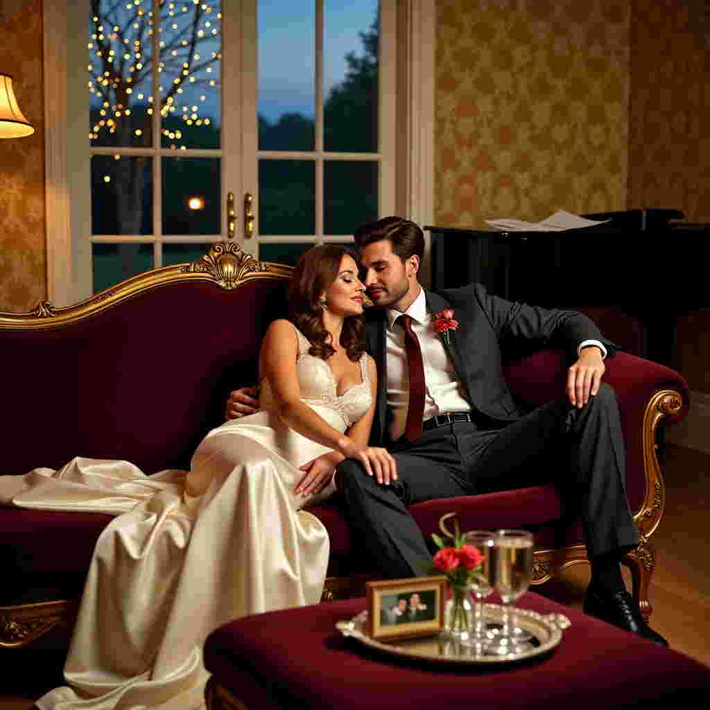 The scene is set in an elegantly furnished, cozy living room, with a sense of timeless luxury. The dominant color palette includes deep burgundy, rich gold, and soft ivory tones.

At the center, a plush, vintage sofa with deep burgundy velvet upholstery stands against a backdrop of intricately patterned gold damask wallpaper. Resting comfortably on the sofa is the woman, dressed in a smooth, ivory silk gown that cascades gently to the floor, catching the ambient light. Her gown has subtle lace detailing around the neckline and sleeves, adding an air of delicate sophistication. Her hair flows like a waterfall of soft chestnut waves, each strand meticulously defined.

Seated beside her is the man, exuding quiet strength. He wears a tailored charcoal suit, the fabric crisply defining his silhouette. His white shirt is unbuttoned at the collar, and a burgundy tie, loosely knotted, adds a splash of color. The man's hand is placed gently but confidently on the woman’s shoulder, his fingers slightly curled, as if mid-motion.

The coffee table in front of them is adorned with a small vase of roses, their petals a deep crimson, with dewdrops visible on their surface, enhancing their lifelike detail. Beside the vase, an ornate gold-framed photo captures a candid moment of the couple laughing together. Next to the photo, a silver tray holds two crystal glasses of champagne, light reflecting through the bubbles.

In the background, tall French windows allow a view of a garden under a twilight sky, where fairy lights are woven through the branches of a nearby tree, twinkling softly. A grand piano, partially visible in the corner, has sheet music scattered upon its lid, hinting at an evening of shared melodies.

Soft shadows play across the scene, with gentle light from a nearby brass floor lamp casting a warm glow, highlighting the rich textures and vibrant colors of the setting.
Generated with these themes: Smooth, Obedient, Listener, Supportive, Always there , Submissive Woman, and Dominant Man.
Made with ❤️ by AI.
