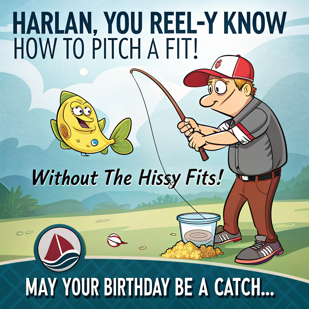 At the top of the image, "Harlan, You Reel-y Know How to Pitch a Fit!"

In the center, illustrate a cartoon scene with a grumpy baseball player, fishing rod in hand, trying to catch a fish that has a baseball cap on. The fish is cheekily holding a cocktail with a tiny umbrella, laughing as it dodges the bait.

At the bottom of the image, "May your birthday be a catch... without the hissy fits!"
Generated with these themes: Fishing , Scott gross, Baseball all stars, Girly drinks , and .
Made with ❤️ by AI.