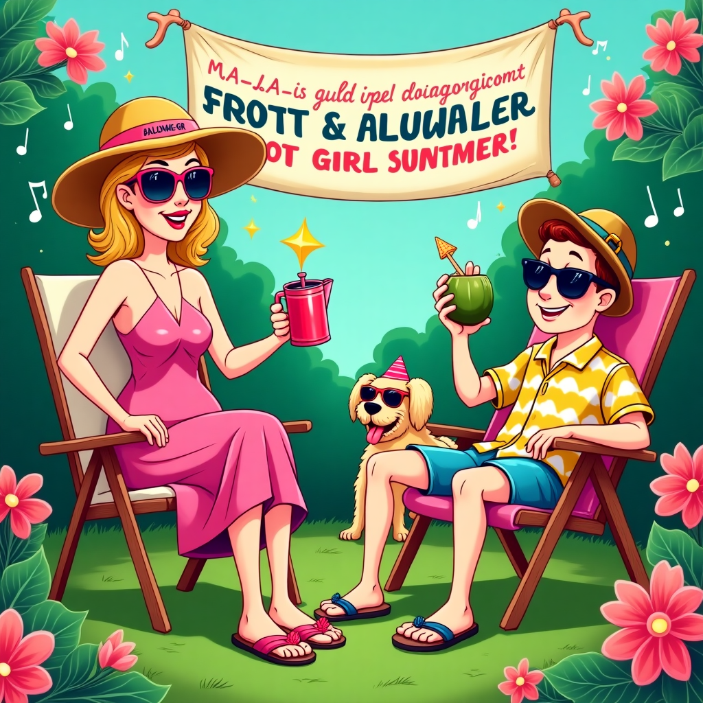 **Image Prompt:**

Cartoon scene styled like the whimsical opening sequence of *The Nanny*, featuring bold, saturated colours and exaggerated expressions. A woman who resembles Taylor Swift is lounging in a blooming backyard garden, dressed in a playful retro sun dress with oversized sunglasses and a straw hat that reads “Hot Girl Summer.” She holds a flamingo-pink watering can in one hand and an Aperol Spritz with a cocktail umbrella in the other. Next to her, a charming surfer boy in a Hawaiian shirt and flip-flops reclines in a deck chair, sipping from a coconut and grinning at her. Lying happily between them is a beige, long-haired dog wearing tiny sunglasses and a party hat.

A kitschy, rainbow-style banner curves over the scene with musical notes around it, nodding to *The Nanny* intro aesthetic. Glittery, illustrated flowers, sunbeams and over-the-top sparkles radiate across the frame.

At the top of the cartoon image, include the line:  
**"M - A - R - L - E - N - A’s making waves & watering plants – must be another HOT GIRL BIRTHDAY!"**

Starring: Marlena Gubo  
Title in bold, retro bubble font: *HOT GIRL SUMMER*
Generated with these themes: A woman that looks like Taylor Swift, Sits in her garden with a surfer boy and beige long haired dog, In the style of the Nanny Intro, Starring Marlena Gubo, The title is "Hot girl summer", and Holding a watering can and an aperol spritz.
Made with ❤️ by AI.