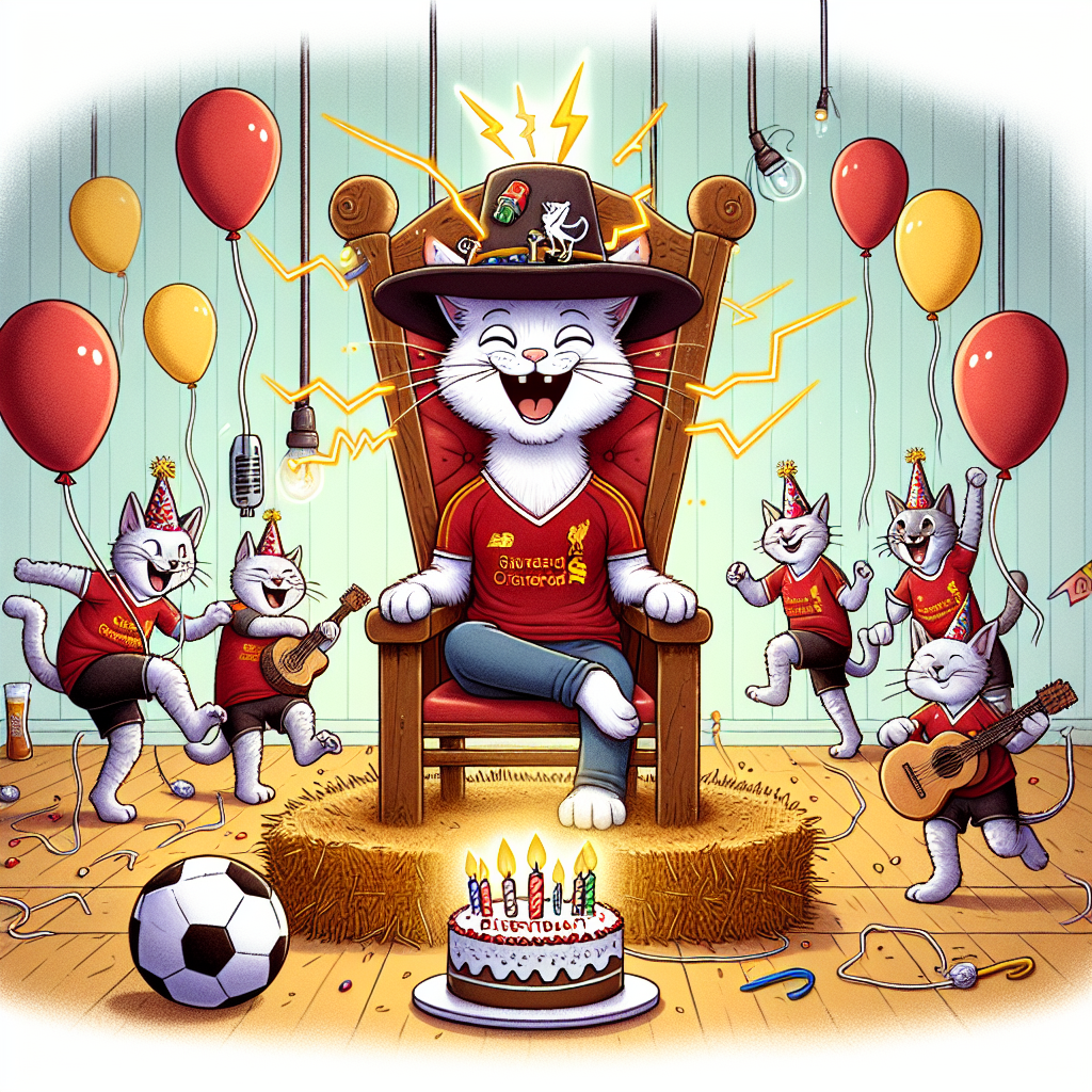 Create a fun cartoon image of a birthday party taking place in a unique, electricity-themed barn. In it, cats are clad in football jerseys, from the popular city of Liverpool, dancing gleefully to the rhythm of an upbeat country music tune. The person whose birthday it is, sits regally on a throne made of hay bales, wears a hat shaped like a guitar and laughs. Balloons nearby seem to sparkle with the static electricity. The centerpiece is a birthday cake decorated like a soccer field with tiny players. The soccer ball they kick around oddly looks like a playful cat. It's a fun, memorable party mixing elements of sport, music, cat-inspired playfulness, and light-hearted mischief.
Generated with these themes: Sex, Country Music, Liverpool Football Club, Electicity, and Cats.
Made with ❤️ by AI.