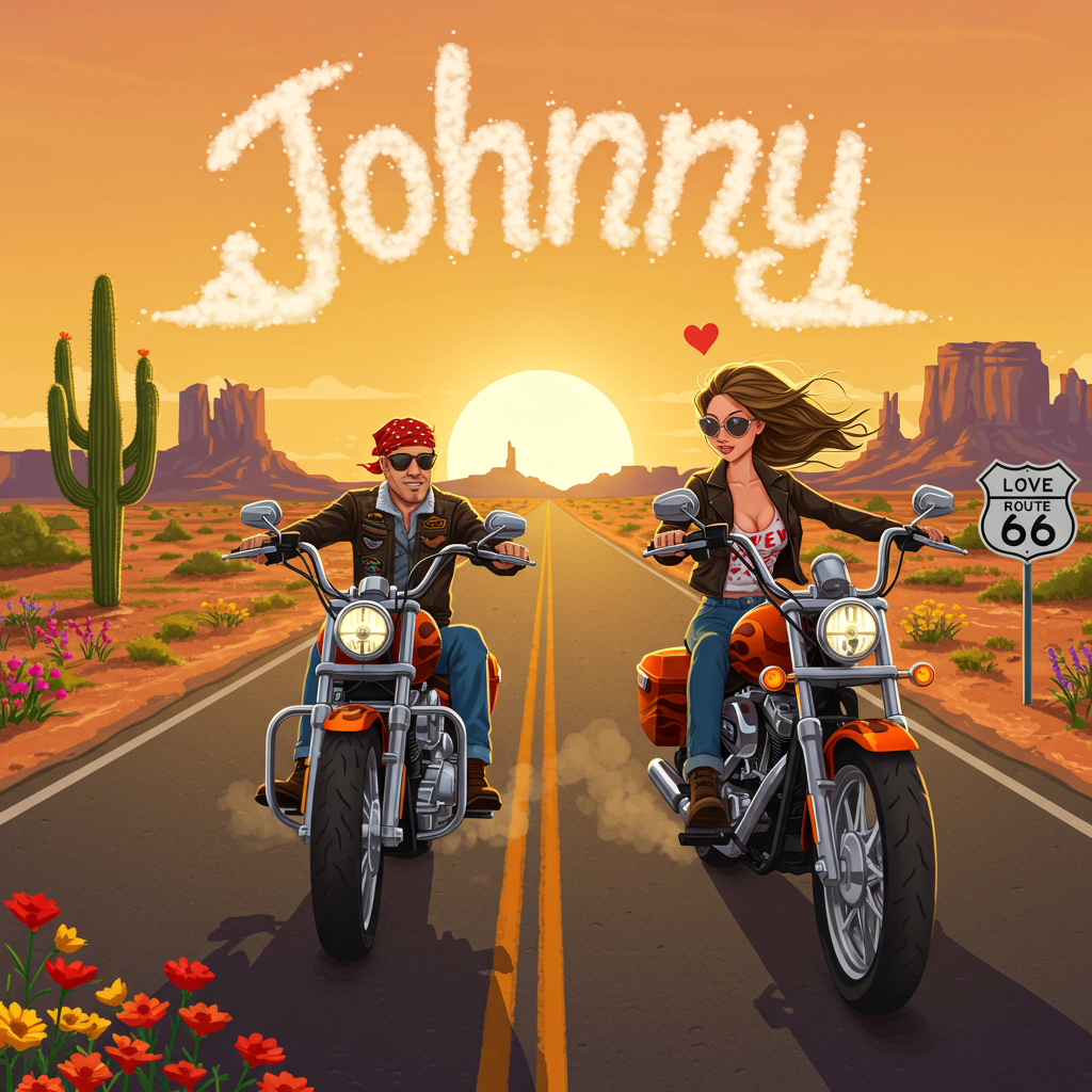 **Front Cover Concept for a Valentine's Day Greeting Card:**

---

**Scene Description:**

A vivid and lively Valentine's Day scene unfolds on a long, open highway. The sun casts a warm, golden hue over the horizon, creating a picturesque backdrop. Flanking the road, wildflowers burst in vibrant colors—reds, yellows, and purples—adding splashes of color to the scene.

In the foreground, a couple rides two gleaming Harley-Davidson motorcycles, their chrome details reflecting the sunlight. The motorcycles are decked out in classic Harley orange and black, with intricate flame patterns running along the sides. The tires kick up small puffs of dust as they race forward, adding to the sense of motion.

**Motorcycle Riders:**
- The male rider, wearing a leather jacket adorned with patches and dark denim jeans, grips the handlebars confidently. A classic bandana and aviator sunglasses complete his biker look.
- The female rider, on the adjacent Harley, exudes a carefree spirit. She wears a similar leather jacket but has it unzipped, revealing a Valentine's Day themed tank top with tiny heart patterns and, in a cheeky and humorous touch, her exaggerated, lifelike, and detailed cleavage comically emphasized. A pair of stylish sunglasses rests on her nose, with her long hair streaming freely behind her.

**Background Elements:**
- To the left of the scene, a tall, majestic saguaro cactus stands proudly, its arms raised to the sky.
- Further back, rugged mountain silhouettes blend into the horizon, painted in soft shades of orange and purple.
- A classic road sign by the highway reads "LOVE ROUTE 66," with hearts decorating its edges.

**Text Element:**
- Above the riders, a fluffy white cloud has formed the word "Johnny" naturally, as if whimsically shaped by the wind. The letters are playful and slightly wavy, integrating seamlessly with the sky.

**Color Palette:**
- Warm hues dominate, with rich golds, soft oranges, and deep purples in the sky.
- The road is a muted asphalt gray, contrasting with the vibrant colors of the motorcycles and wildflowers.

This composition will provide an amusing, eye-catching visual treat on the front of the greeting card, blending romance and humor with lifelike detail and creativity.
Generated with these themes: Couple riding harleys girls titties out, and .
Made with ❤️ by AI.