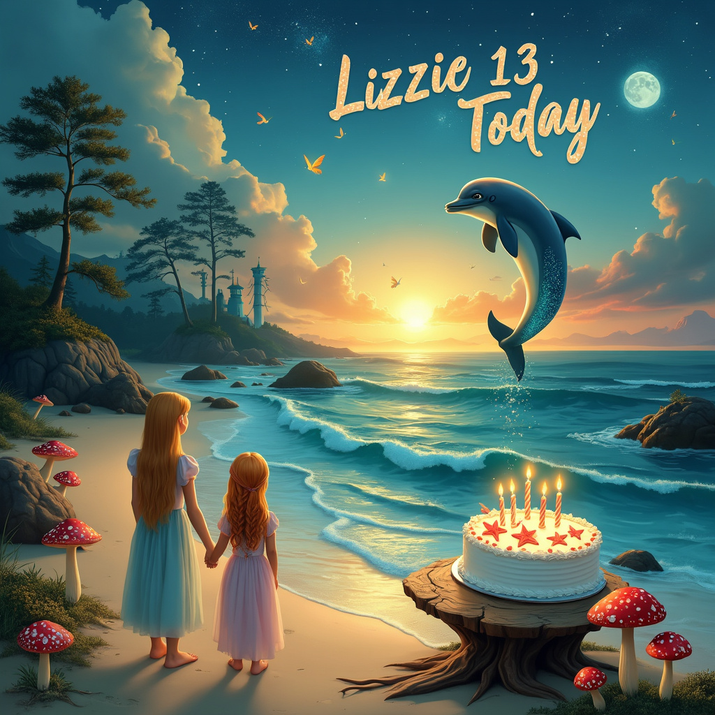 Underneath a mesmerizing teal-blue sky, a stunning beach unfolds with golden sands softly kissed by the gentle waves of the sea. A majestic sunset paints the horizon with hues of orange, pink, and purple, casting a warm glow across the entire scene. In the foreground, a pristine white birthday cake, adorned with 13 twinkling candles, sits proudly on a driftwood table, its icing intricately designed with starfish and sea shells.

To the left of the cake, two sisters stand hand in hand on the shore. The elder sister has straight, flowing blonde hair, and the younger sports a thick ginger braid that reaches her waist. Both are dressed in ethereal, flowing dresses that match the colors of the sunset. Above them, a friendly dolphin leaps out of the water, creating a sparkling cascade of droplets that catch the light like tiny stars.

In the sky, “Lizzie 13 Today” is beautifully written in wispy clouds, with the letters twinkling as though sprinkled with stardust. To the right, near the water's edge, a small cluster of mushrooms with vibrant red caps and white spots form a whimsical circle, hinting at the presence of mythical creatures.

Beyond the beach, a mystical forest emerges, its trees adorned with fairy lights that twinkle like stars in the gathering dusk. A gentle dragon with shimmering teal-blue scales winds its way through the forest, its eyes wise and kind, watching over the scene. Just above the treeline, a full moon begins to rise, its surface dotted with faint, silvery craters.

In the midst of the forest, faint silhouettes of mythical creatures can be seen—fairies with delicate wings, a unicorn with a spiraling horn, and other fantastical beings, all seemingly gathered to celebrate Lizzie’s special day. The entire scene is a harmonious blend of reality and fantasy, perfectly capturing the enchantment of a 13th birthday celebration.
Generated with these themes: Beach, Sea, Sunset, Dolphin, Starfish, Birthday cake 13 candles, Dragon, Forest, Twinkles, Mythical creatures, Moon, Teal blue, Sisters - one with blonde straight hair, one with ginger braided hair, and Mushrooms.
Made with ❤️ by AI.