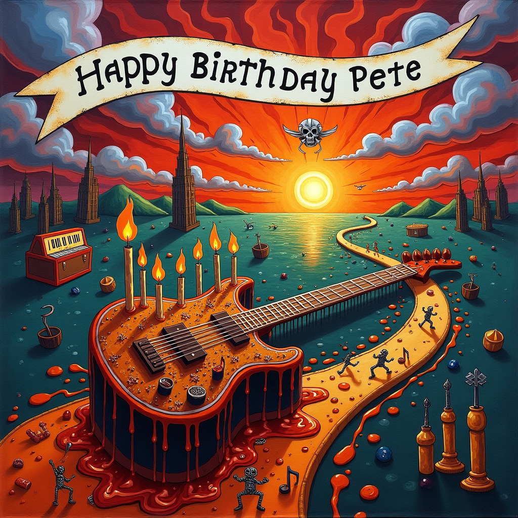 On the front cover of this eccentric birthday greetings card, we find ourselves amidst a riotous celebration set in a surreal, abstract world where heavy metal and art collide. Dominating the foreground is a guitar-shaped cake, an homage to heavy metal music, with molten chocolate dripping down its sides like flowing lava, paying a cheeky nod to Jackson Pollock's splatter technique. Instead of traditional candles, the cake is adorned with tiny, upright Iron Maiden figurines, each wielding a flaming guitar pick, which adds an energetic flair to the scene.

Above this molten musical masterpiece, a wild array of musical notes swirl through the air, akin to Kandinsky's colorful symphonies, each note rendered in vibrant reds, electric blues, and metallic silvers. These notes seem to dance in rhythm with the blaring riffs of a silent, yet palpable, heavy metal anthem. In the sky, clouds form into abstract shapes reminiscent of Rothko’s color fields, with Pete’s name etched among them in bold, black, metallic script, almost like a band logo against the backdrop of fiery reds and deep purples.

Off to the left, a towering amplifier stack, rendered in a Mondrian-esque grid of primary colors, vibrates with a kinetic energy, while abstract figures inspired by de Kooning's chaotic lines seem to be headbanging in time to an imaginary beat. On the right, a trio of floating, angular shapes in the style of Malevich hint at drum kits, with cymbals shining like the sun, crashing down in a visual cacophony.

In the background, a twisted, winding road stretches into the horizon, its path lined with banners spelling out "Happy Birthday Pete," each letter designed like a rock band logo, complete with edgy spikes and flames. This road appears almost like a guitar neck, its frets stretching towards an abstract, geometric sun, reminiscent of Joan Miró’s playful motifs. The sun itself is a burst of vibrant, swirling color, a nod to Cy Twombly's expressive scribbles, casting a wild, celebratory glow over this fantastical, heavy metal birthday landscape.
Generated with these themes: Iron maiden, and Heavy metal music.
Made with ❤️ by AI.