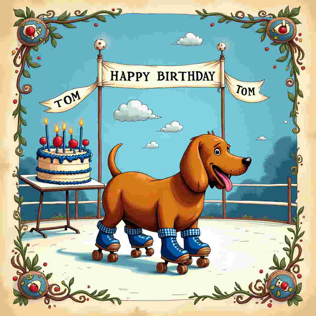 In the foreground of the birthday greeting card, imagine a vibrant, hand-drawn roller-skating scene where Reg, a cheerful sausage dog with a glossy brown coat, is energetically zooming across a smoothly paved skate rink. Reg is wearing tiny, retro-style roller skates, painted in the iconic blue of the Everton Football Club, with white stripes on the sides. His floppy ears are flying back due to his speed, and his long tongue is hanging out with exuberance.

Behind Reg, a birthday cake stands proudly on a table, decorated with blue and white frosting in the style of the Everton team colors. Atop the cake, in a playful, icing-scripted font, is the name "TOM," surrounded by mini edible footballs and tiny boxing gloves made of sugar. The cake's candles are lit, casting a warm, inviting glow.

To the left, an old-school boxing ring is whimsically sketched. It's not a full-size ring but rather a humorous, miniature version set atop the cake, where two tiny, exaggerated caricatures in boxing gear spar jovially. Their gloves and trunks are the vibrant royal blue and stark white of Everton’s colors.

The background is a blend of whimsical and detailed elements reminiscent of the styles of Maurice Sendak and Quentin Blake. The sky above is a whimsical, twilight blue with fluffy clouds shaped like footballs drifting lazily. A banner, stretched between two poles with little soccer ball finials, flies above the scene. The banner is in Everton blue and bears the bold, white inscription "HAPPY BIRTHDAY."

The sides of the scene are framed with delicate, Edward Gorey-style intricate floral patterns and curling vines that add an old-world charm. These botanical borders are subtly interwoven with tiny roller skates, footballs, and miniature boxing gloves, all hinting at the various themes. This lively and detailed illustration is set on a parchment-like background, lending a vintage touch akin to the works of Norman Rockwell and Arthur Rackham, while maintaining a quirky, modern twist.
Generated with these themes: Roller skating, Reg the sausage dog , Everton football club , and Boxing.
Made with ❤️ by AI.