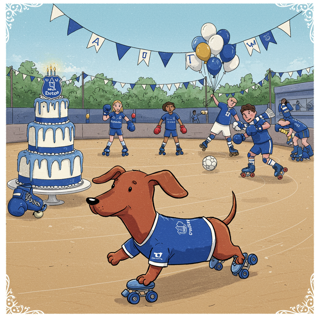 In the forefront of the illustration, place Reg the sausage dog wearing a little Everton football club jersey, complete with the club's blue and white colors. Reg is joyfully roller skating, his elongated body creating a whimsical curve as he zips across the card. His floppy ears and small tail are animated in a dynamic swirl, capturing his spirited movement.

Behind Reg, a vibrant birthday scene unfolds on a smooth skating rink. On one side, a towering, multi-tiered birthday cake stands, lavishly decorated with a cascade of blue and white frosting to mimic Everton's team colors. The topmost tier has a small, cartoonish boxing glove perched on it, symbolizing the boxing theme. The glove is a bright, cheerful red with shiny highlights to make it pop against the cake's icing.

A cluster of colorful balloons floats above, tethered to a roller skate parked by the cake. The balloons are a mix of blue, white, and a few golden yellow ones, representing the various club and celebratory hues. A banner stretches across the scene, flying high in the air above Reg, with the word "TOM" in bold, playful lettering, as if carried by the balloons. The letters are decorated in a mix of the colors found throughout the card, ensuring they stand out but still harmonize with the overall palette.

In the background, other roller skaters are enjoying the rink, some dressed in Everton scarves and beanies. One of the skaters wears boxing gloves, engaging in playful shadow boxing as they glide along. The rink is encircled by a fence decorated with miniature flags, each one alternating between the club's colors and small illustrations of roller skates and boxing gloves.

The sky above is a clear, soft blue, providing a calming backdrop to the lively scene below. The sunlight casts gentle, elongated shadows, adding depth and a sense of a bright, cheerful day. The entire illustration is framed with a delicate, hand-drawn border reminiscent of Beatrix Potter's style, combining detailed line work with a soft, watercolor-like application of color, enhancing the playful and intricate nature of the scene.
Generated with these themes: Roller skating, Reg the sausage dog , Everton football club , and Boxing.
Made with ❤️ by AI.